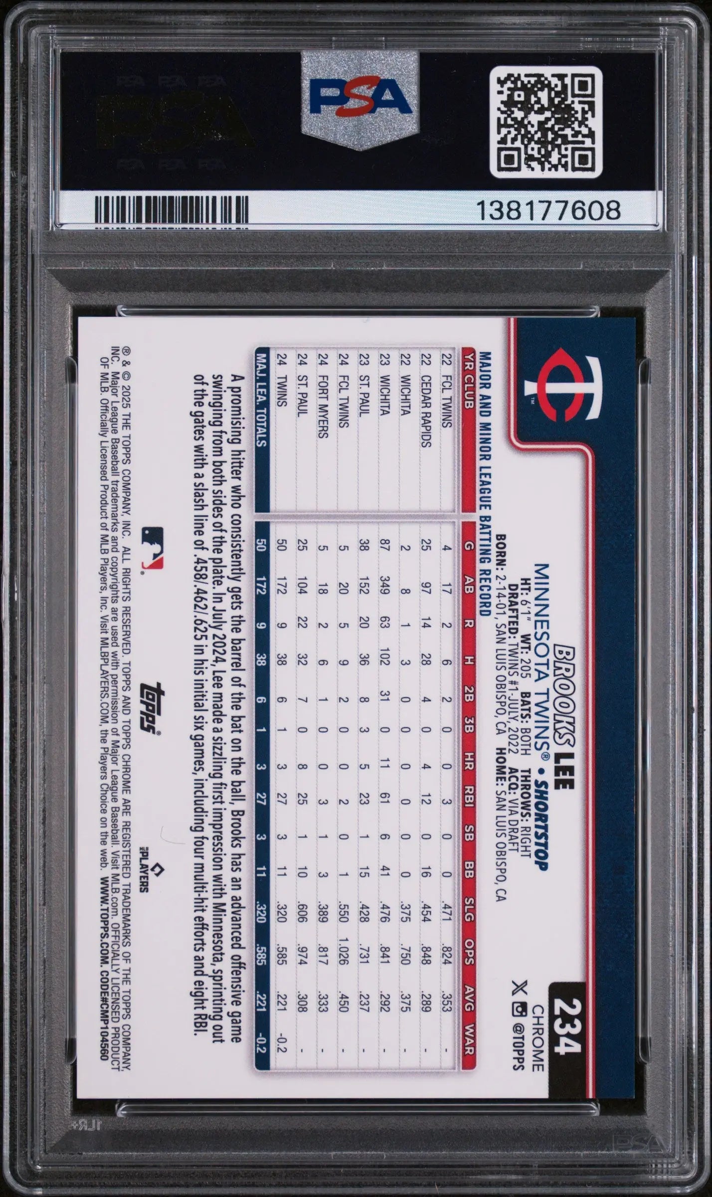 2025 Topps Chrome Sapphire Rookie Brooks Lee Variation Black /10 RC PSA 9 