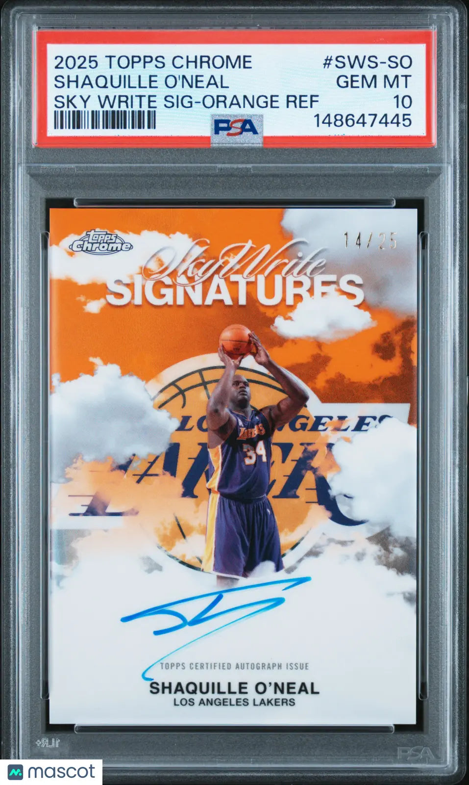 2025 Topps Chrome Sky Write Auto Shaquille O'Neal Orange Refractor /25 PSA 10 