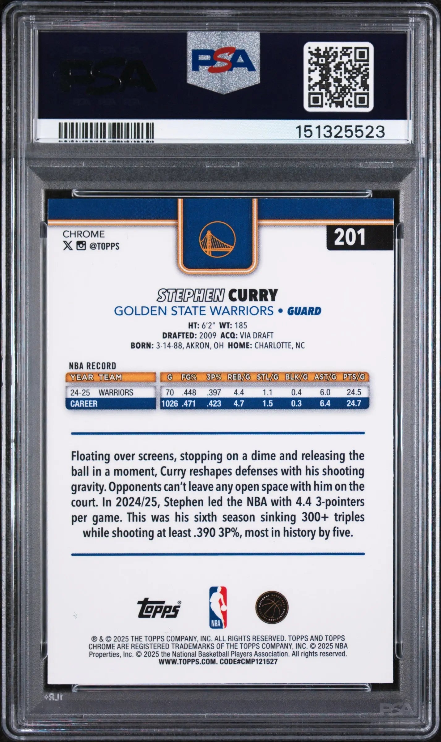 2025 Topps Chrome Stephen Curry Yellow Basketball Refractor /275 PSA 10 