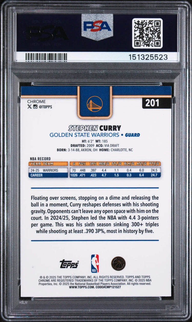 2025 Topps Chrome Stephen Curry Yellow Basketball Refractor /275 PSA 10 