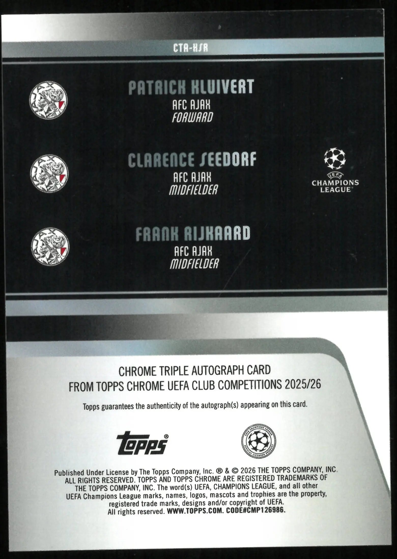 2025 Topps Chrome UEFA CL Red Triple Auto Kluivert Sedorf Aijhaard 5/5 