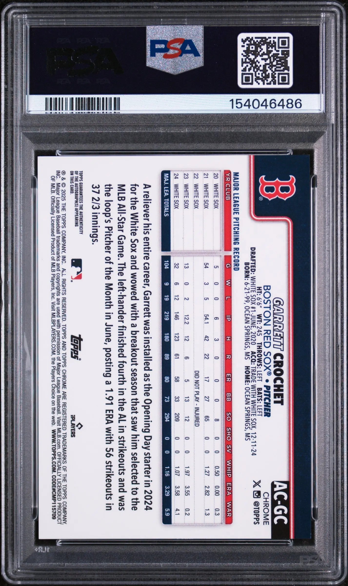 2025 Topps Chrome Update Autographs Garrett Crochet B&W Mini Diamond Auto PSA 9 