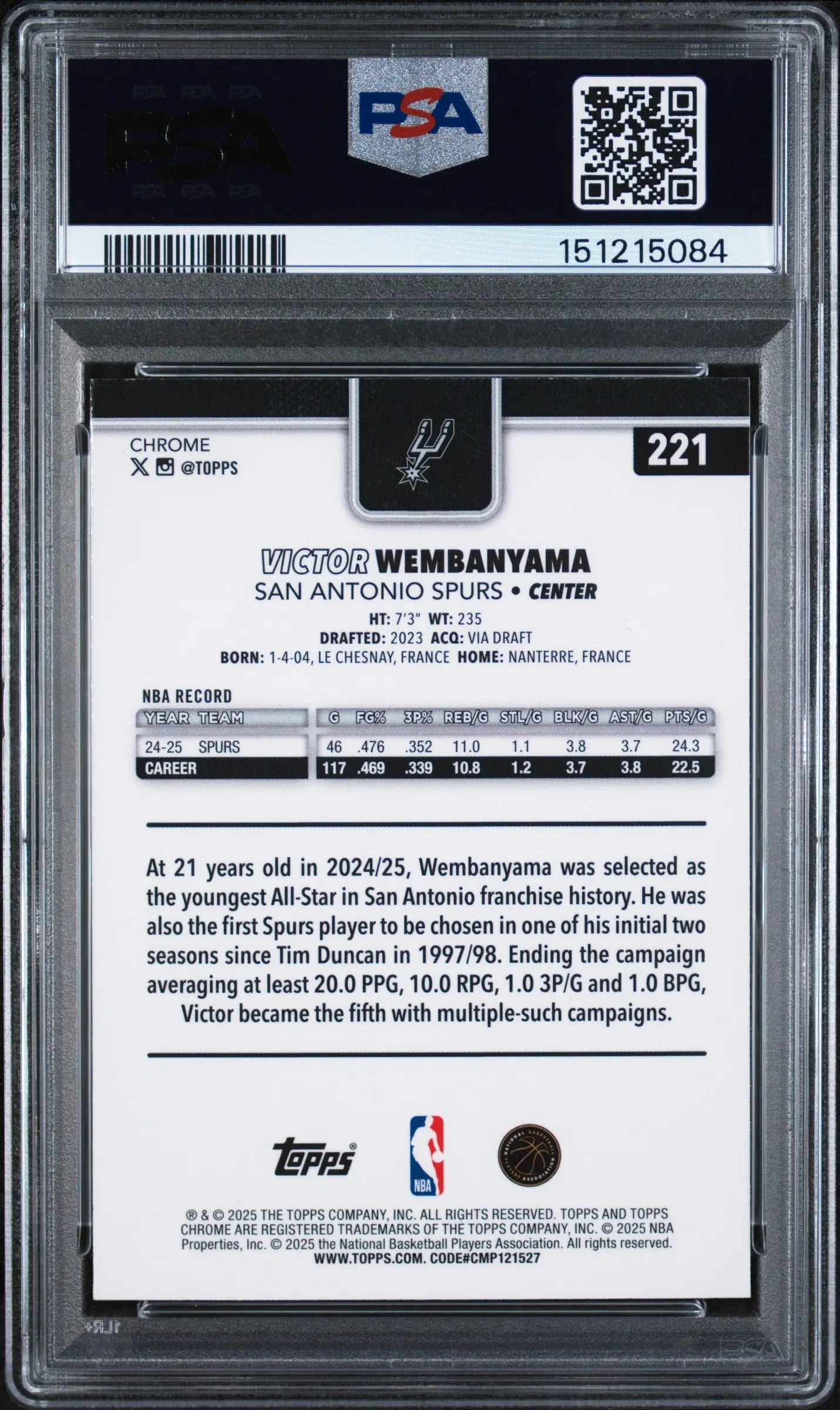 2025 Topps Chrome Victor Wembanyama Negative Refractor PSA 9 
