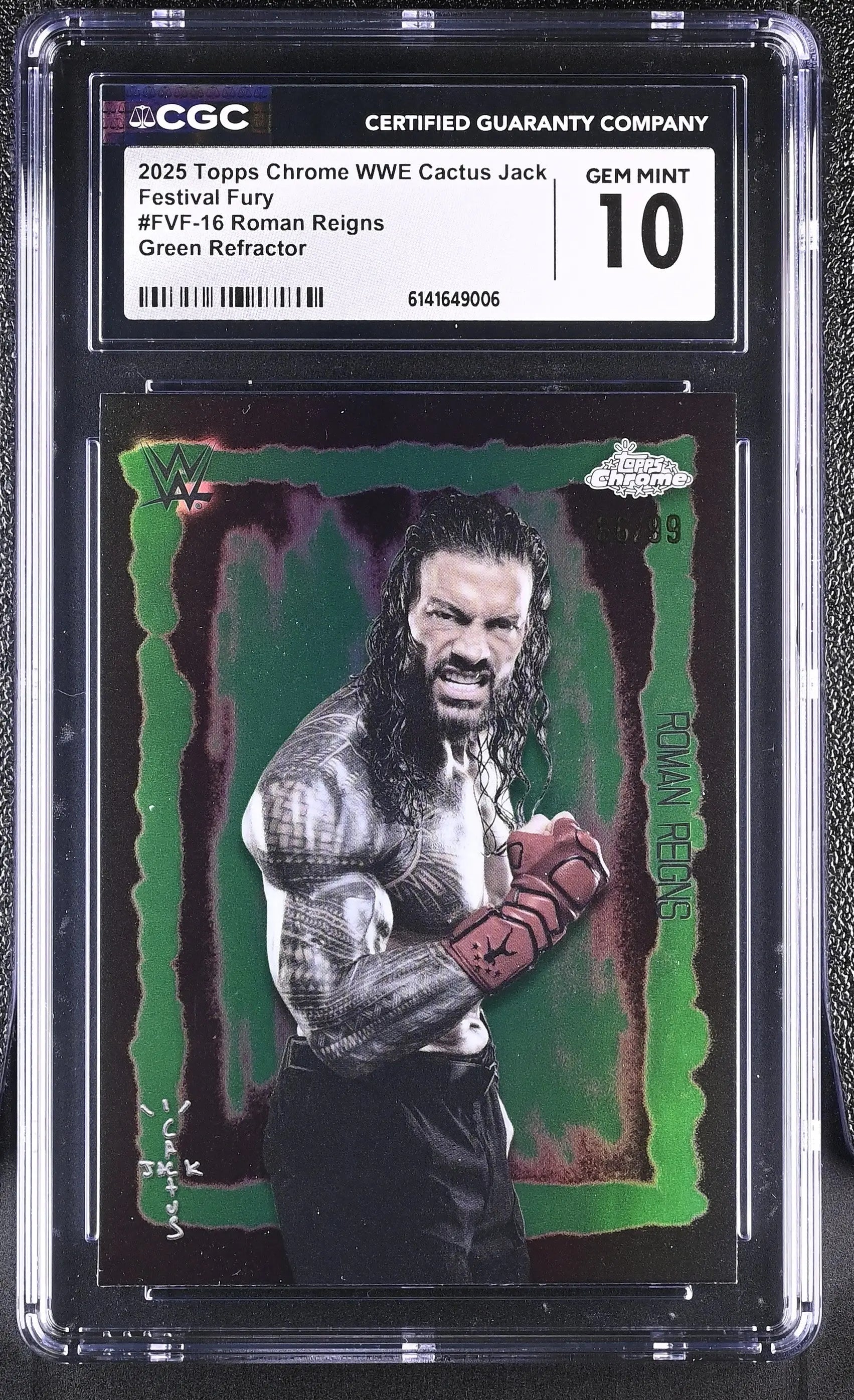 2025 Topps Chrome WWE Festival Fury Cactus Jack Roman Reigns Green /99 CGC 10 