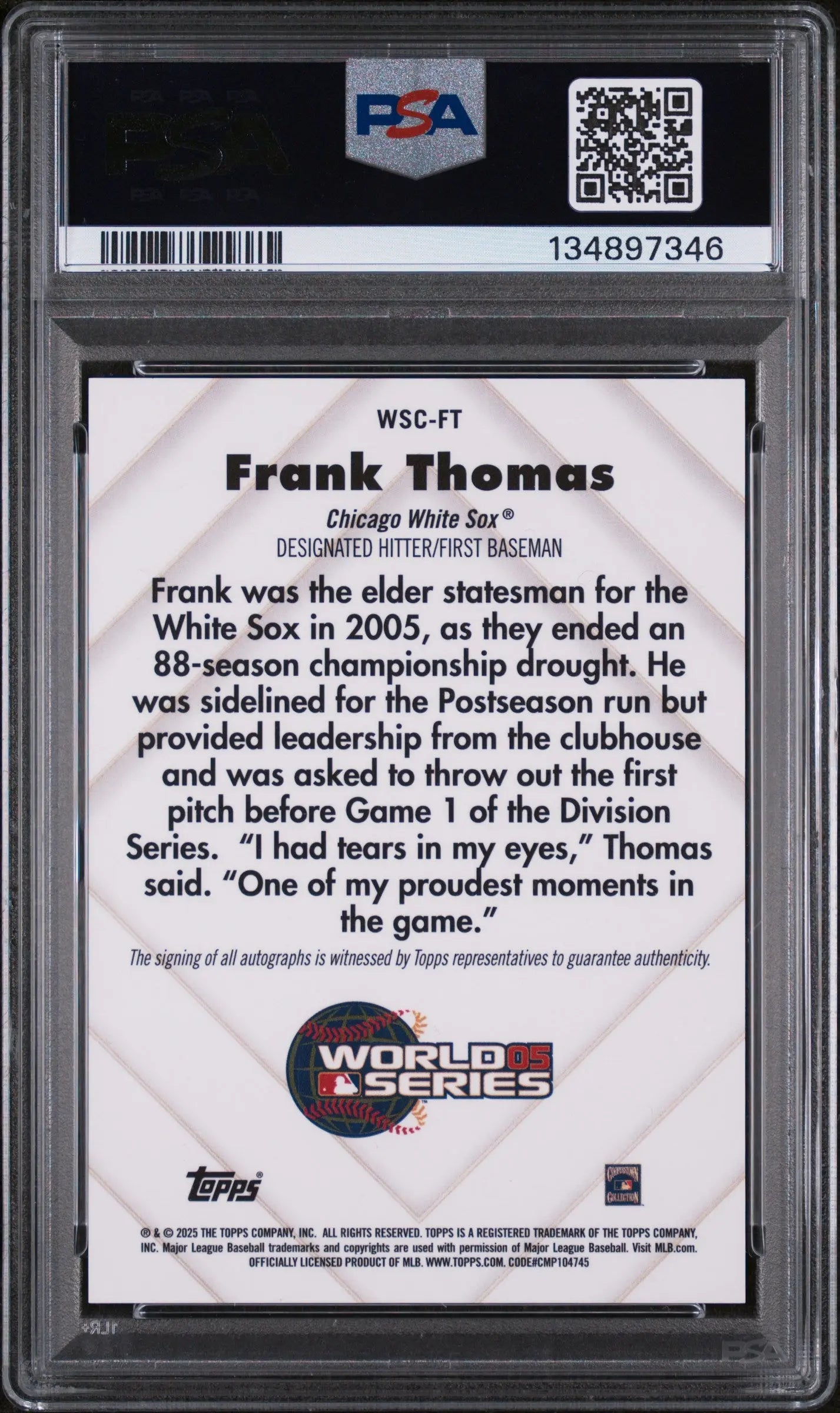 2025 Topps Chrome World Series Champions Autographs Frank Thomas 037/100 PSA 10 