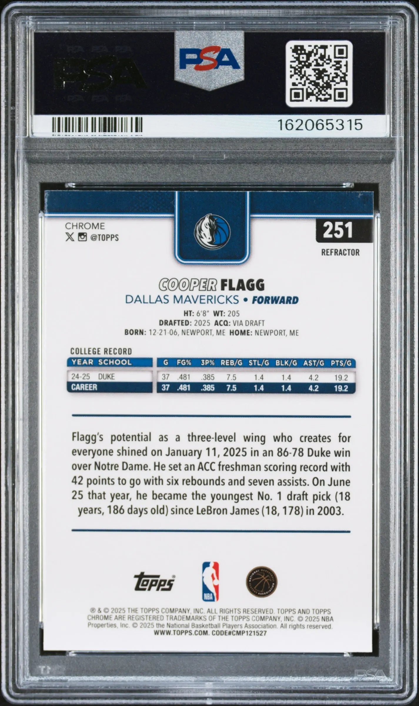 2025 Topps Chrome #251 Cooper Flagg Refractor Rookie PSA 9 