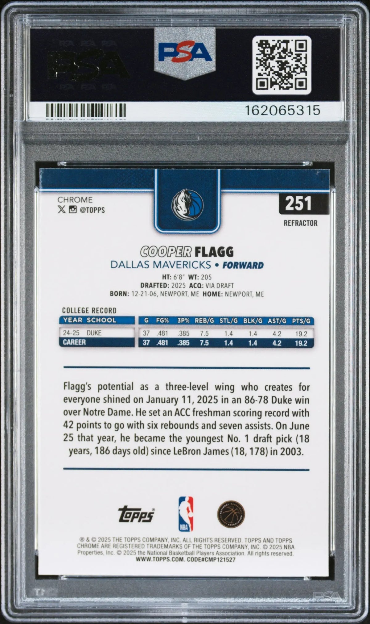 2025 Topps Chrome #251 Cooper Flagg Refractor Rookie PSA 9 