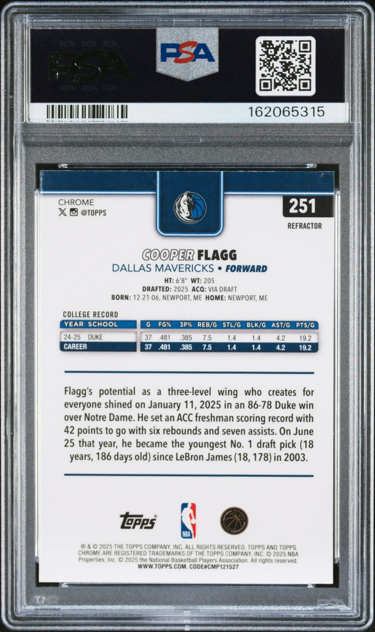 2025 Topps Chrome #251 Cooper Flagg Refractor Rookie PSA 9 