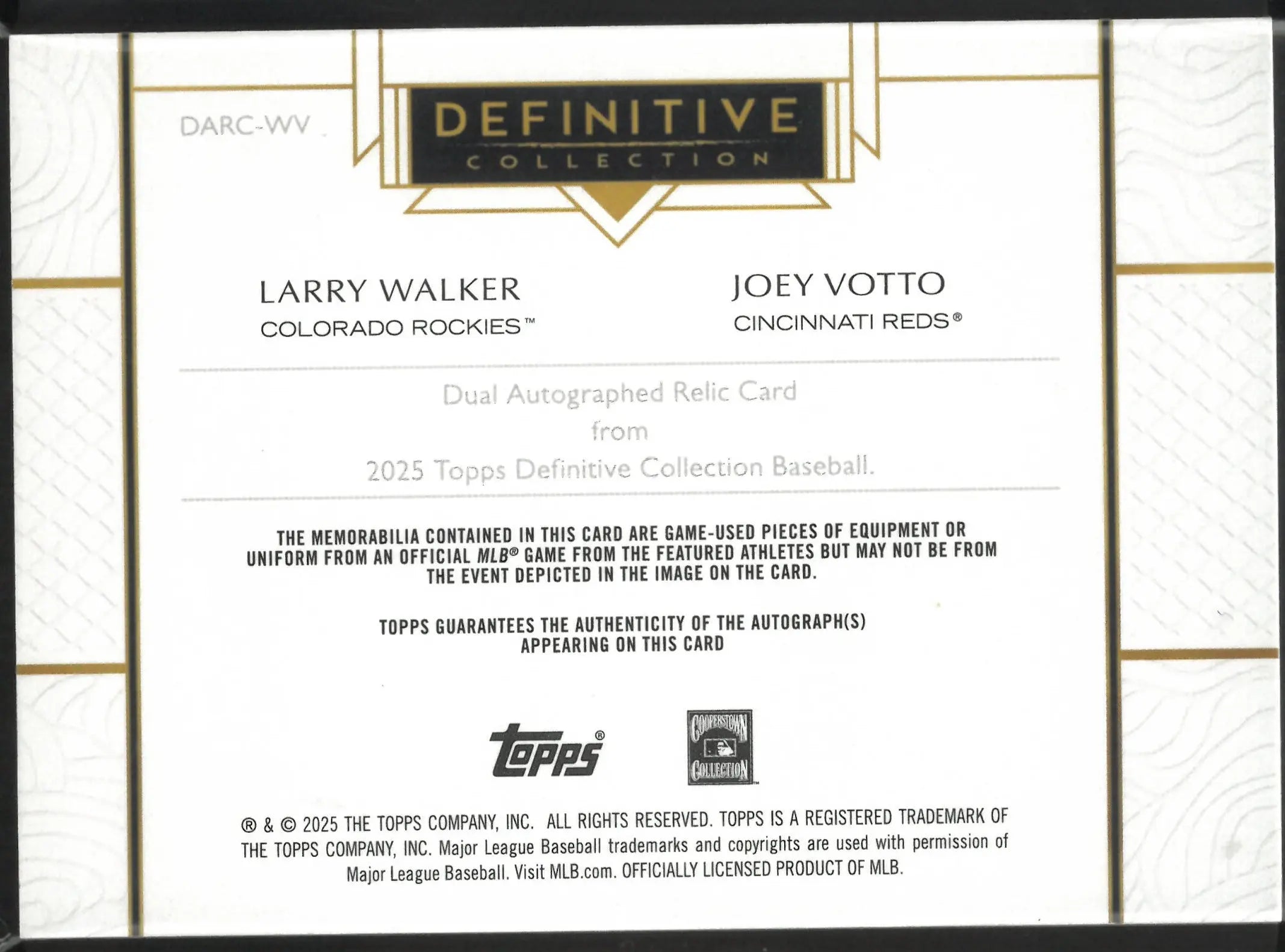 2025 Topps Definitive Collection Baseball Dual Auto Relic Walker Votto /10 