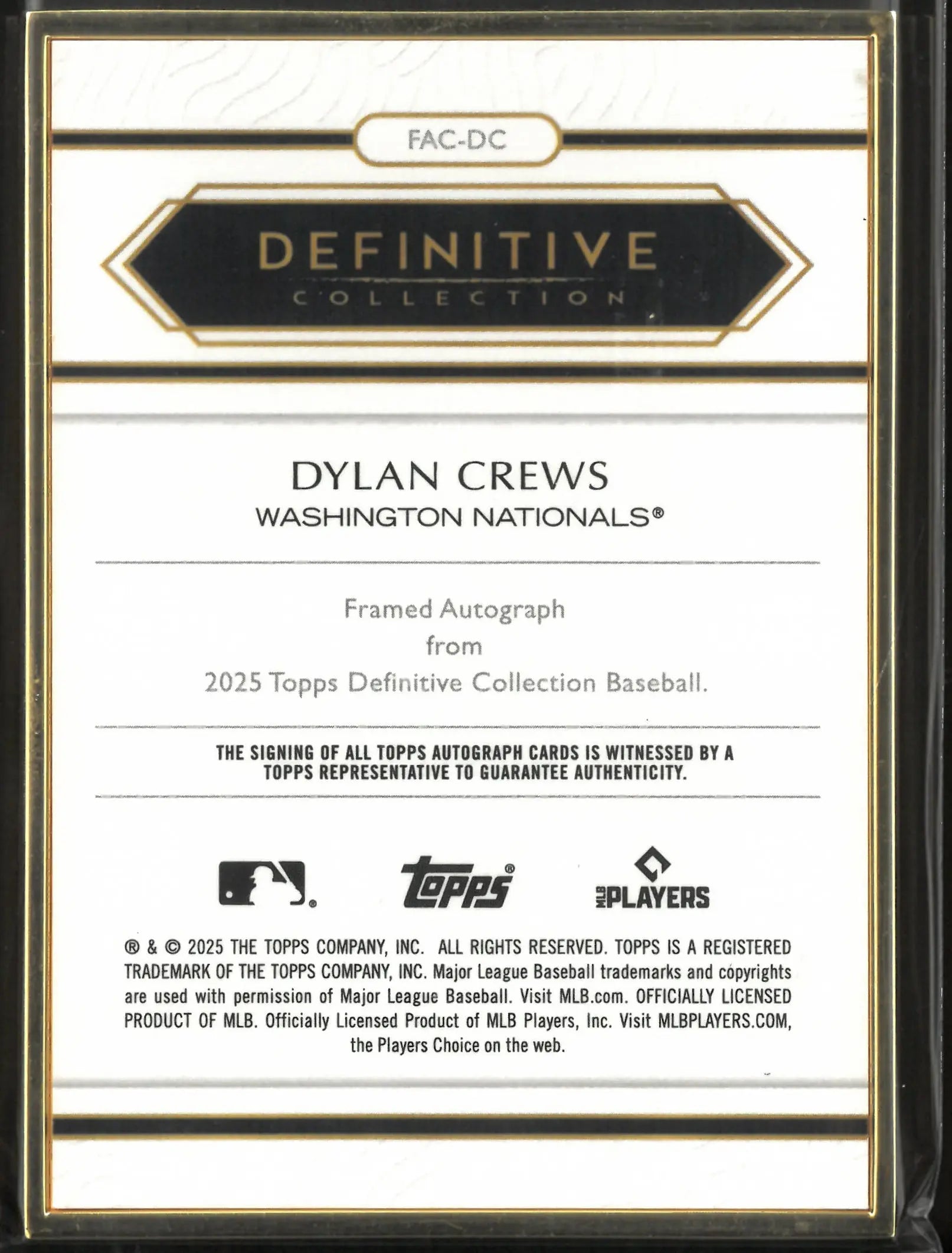 2025 Topps Definitive Collection Baseball Framed Auto Rookie Dylan Crews /25 