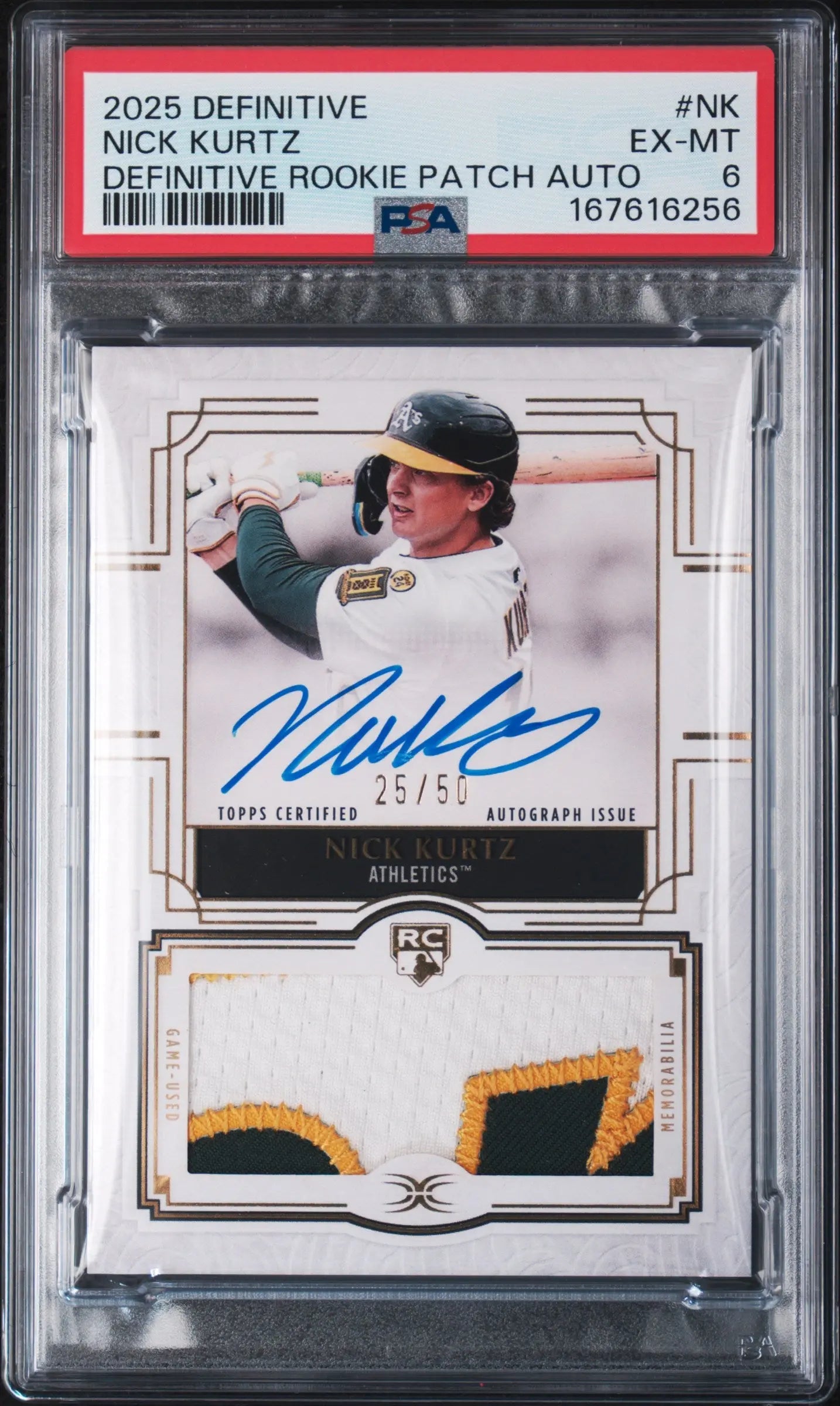 2025 Topps Definitive Collection Definitive Patch Auto Nick Kurtz RC /50 PSA 6 