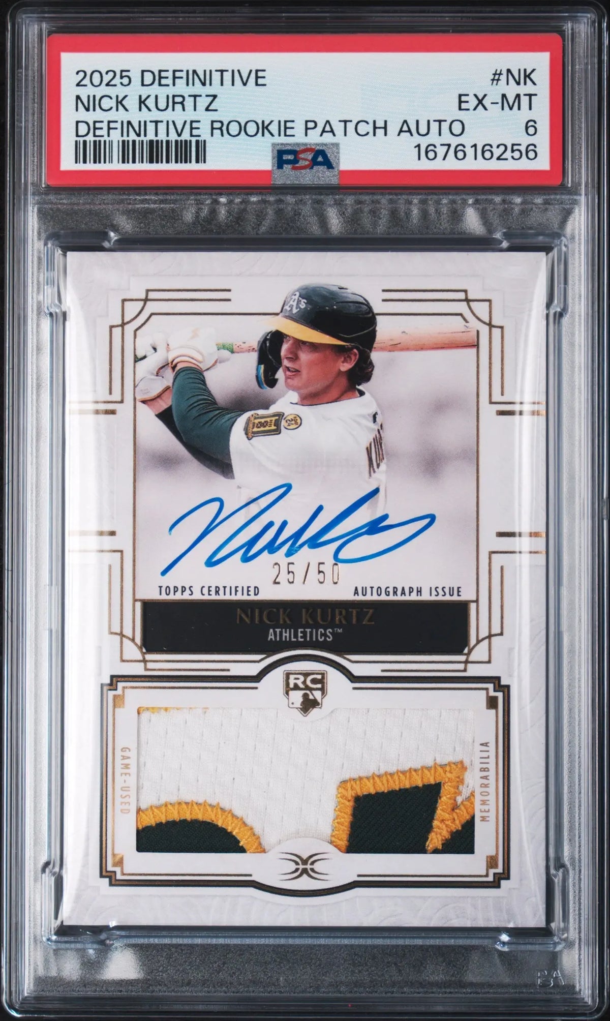 2025 Topps Definitive Collection Definitive Patch Auto Nick Kurtz RC /50 PSA 6 