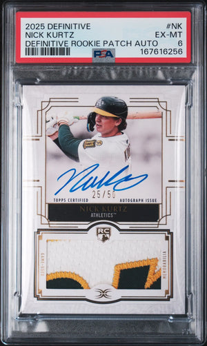 2025 Topps Definitive Collection Definitive Patch Auto Nick Kurtz RC /50 PSA 6 