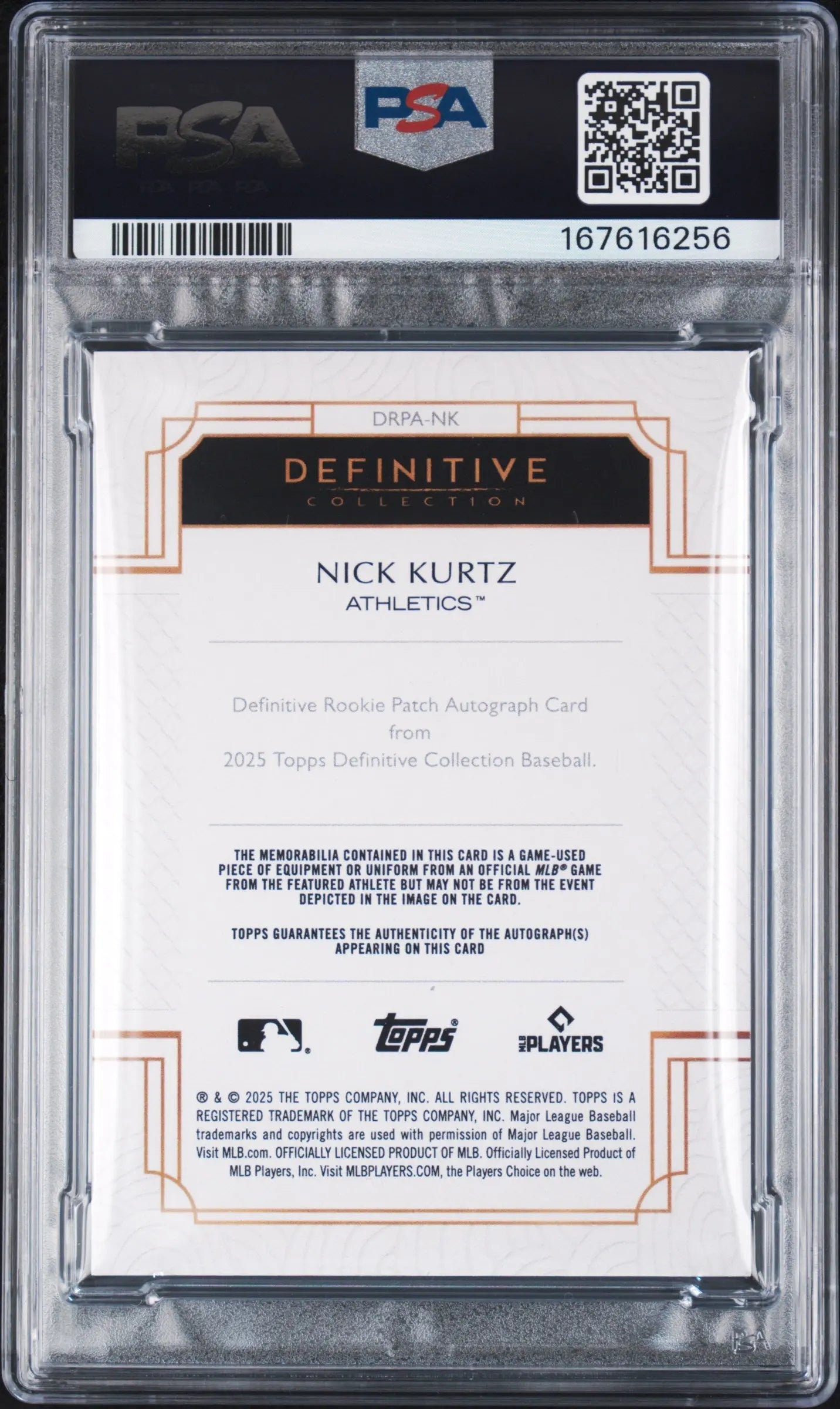 2025 Topps Definitive Collection Definitive Patch Auto Nick Kurtz RC /50 PSA 6 