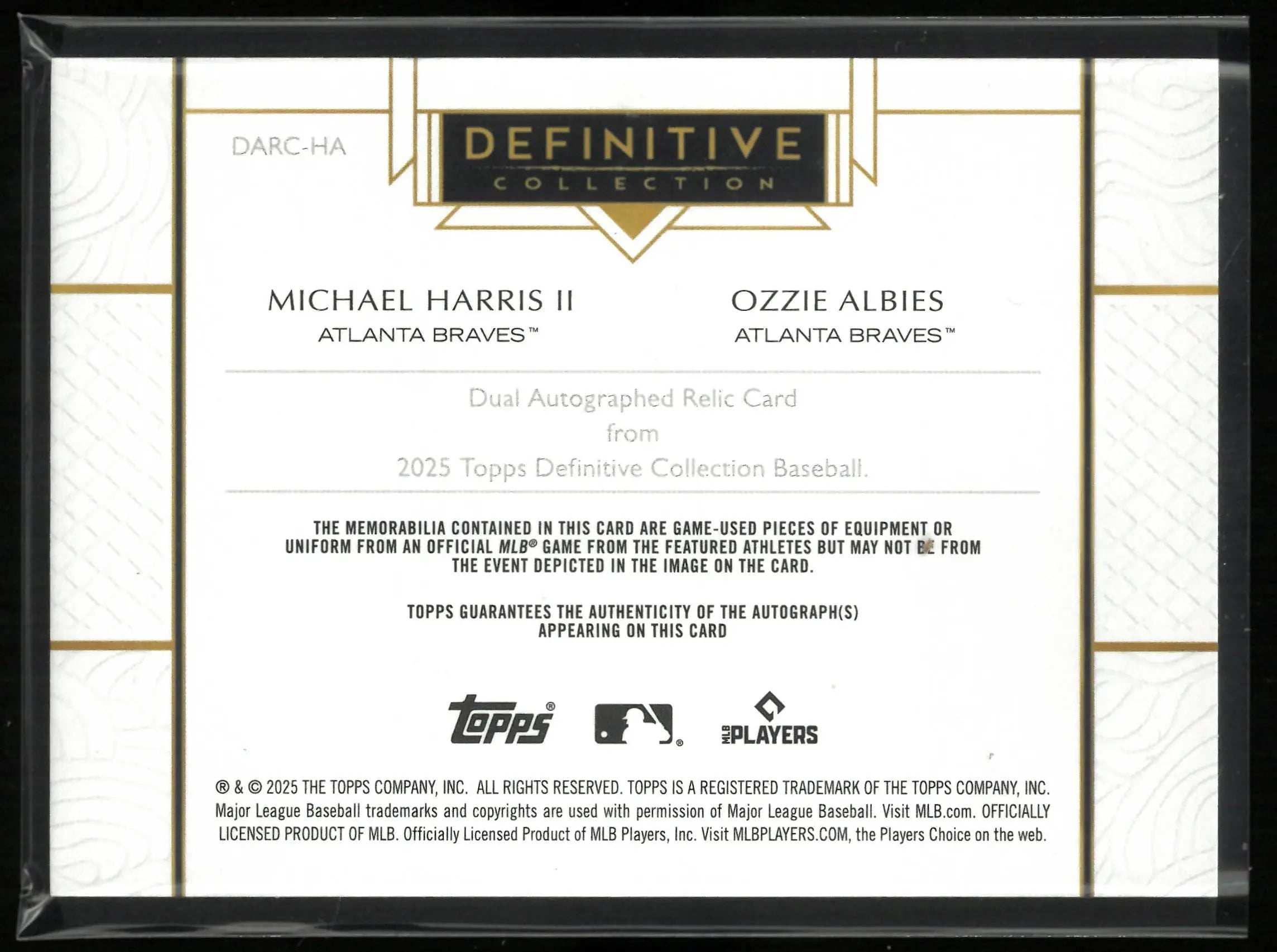 2025 Topps Definitive Dual Autograph Relic Michael Harris/Ozzie Albies Auto /25 