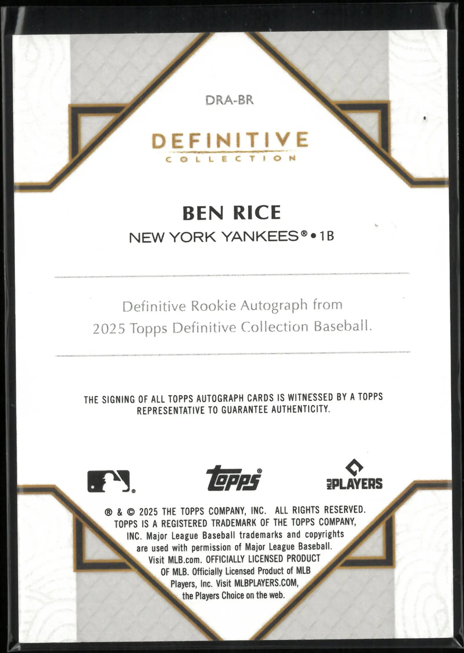 2025 Topps Definitive Rookie Autograph Ben Rice Auto /50 RC 