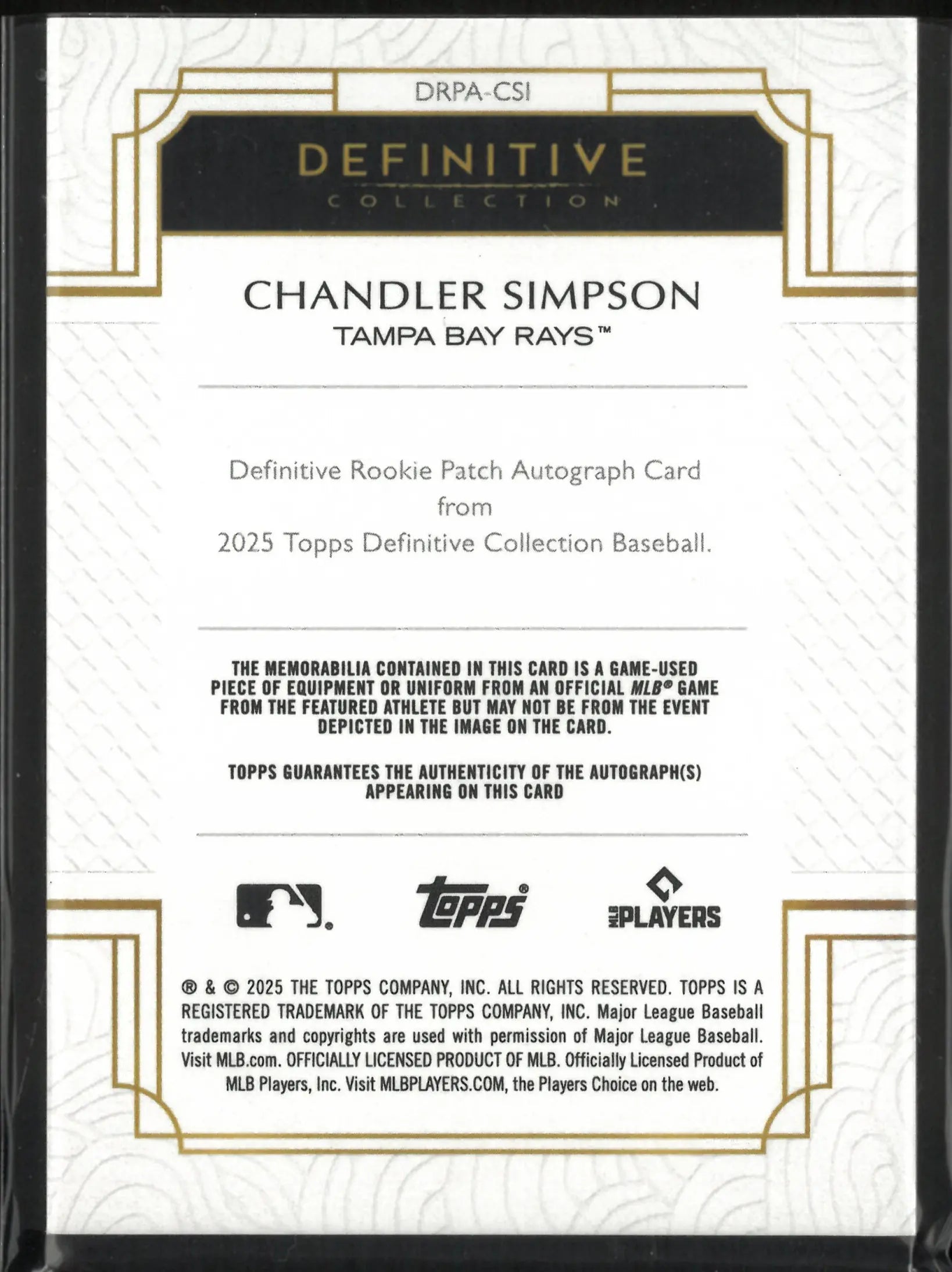 2025 Topps Definitive Rookie Patch Autograph Chandler Simpson Orange /25 RC 