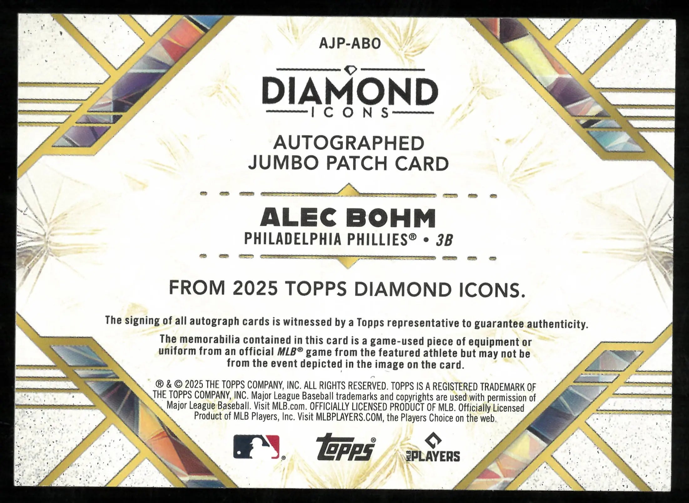 Alec Bohm 2025 Topps Diamond Icons Auto Jumbo Patch Card
