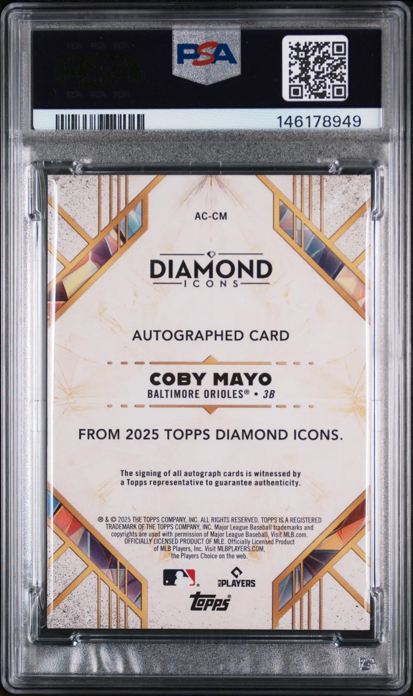 2025 Topps Diamond Icons Autographs Rookie Coby Mayo /25 RC PSA 8 
