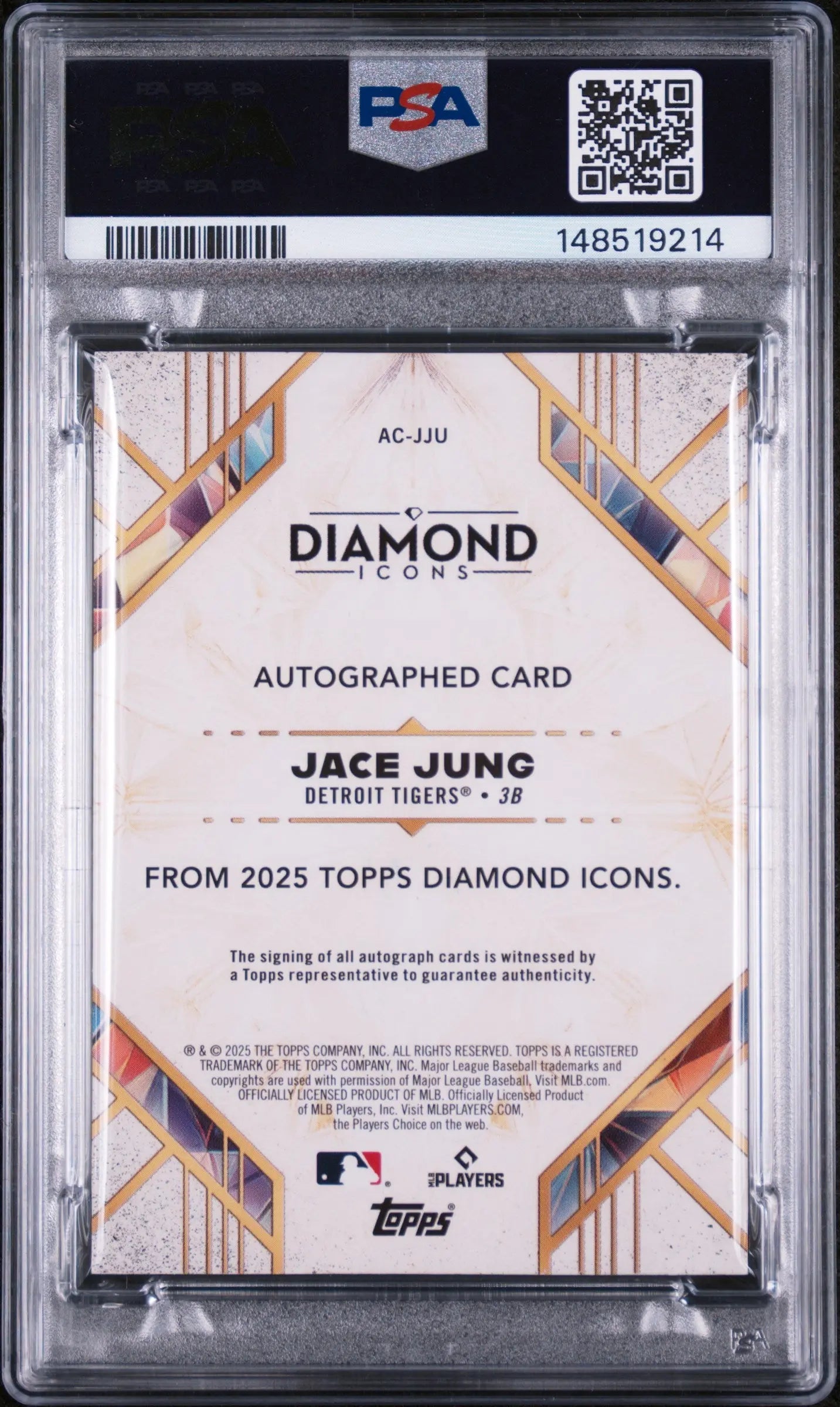 2025 Topps Diamond Icons Autographs Rookie Jace Jung Auto /10 RC PSA 8 