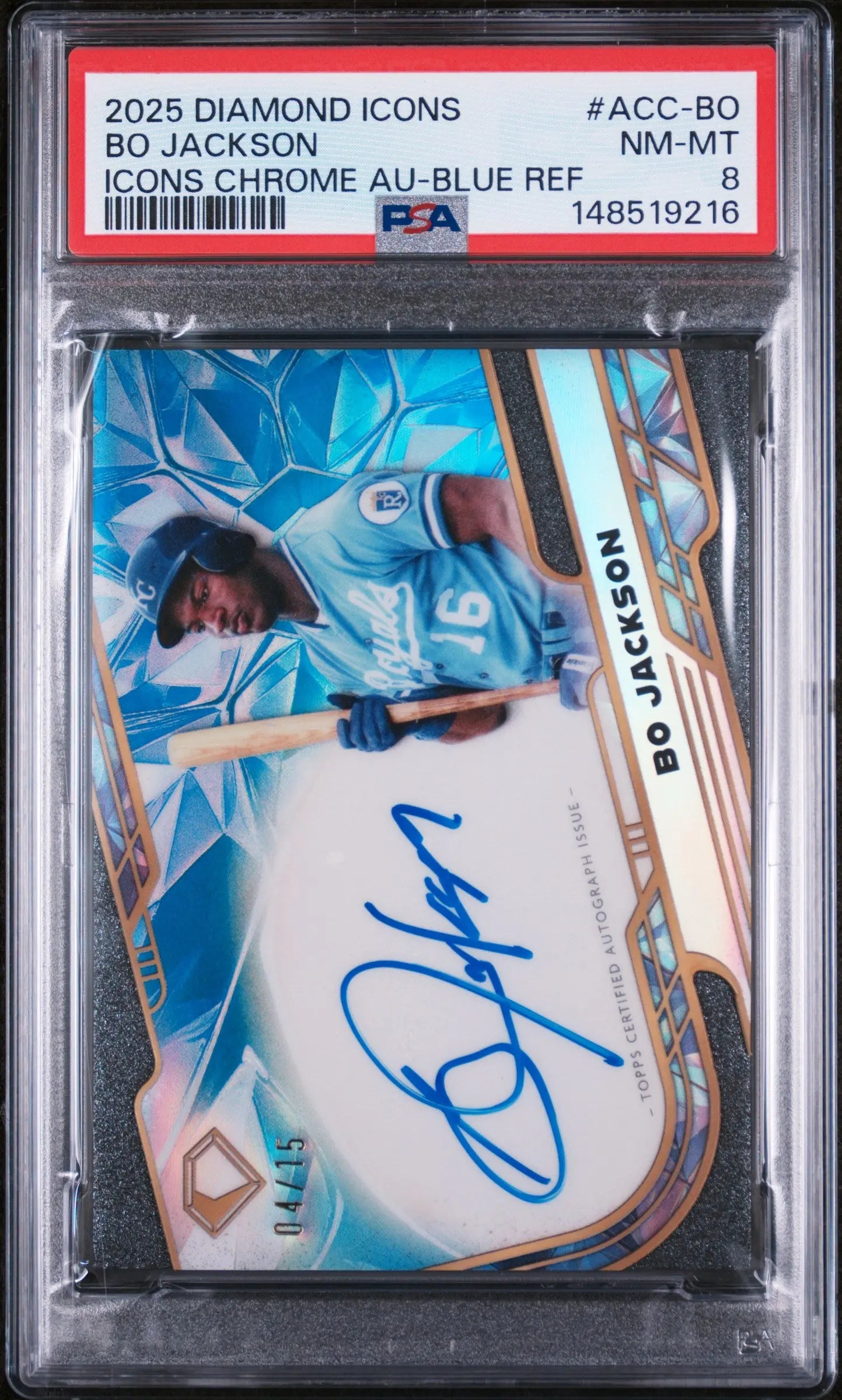 2025 Topps Diamond Icons Chrome Autographs Bo Jackson Auto Blue Ref /15 PSA 8 
