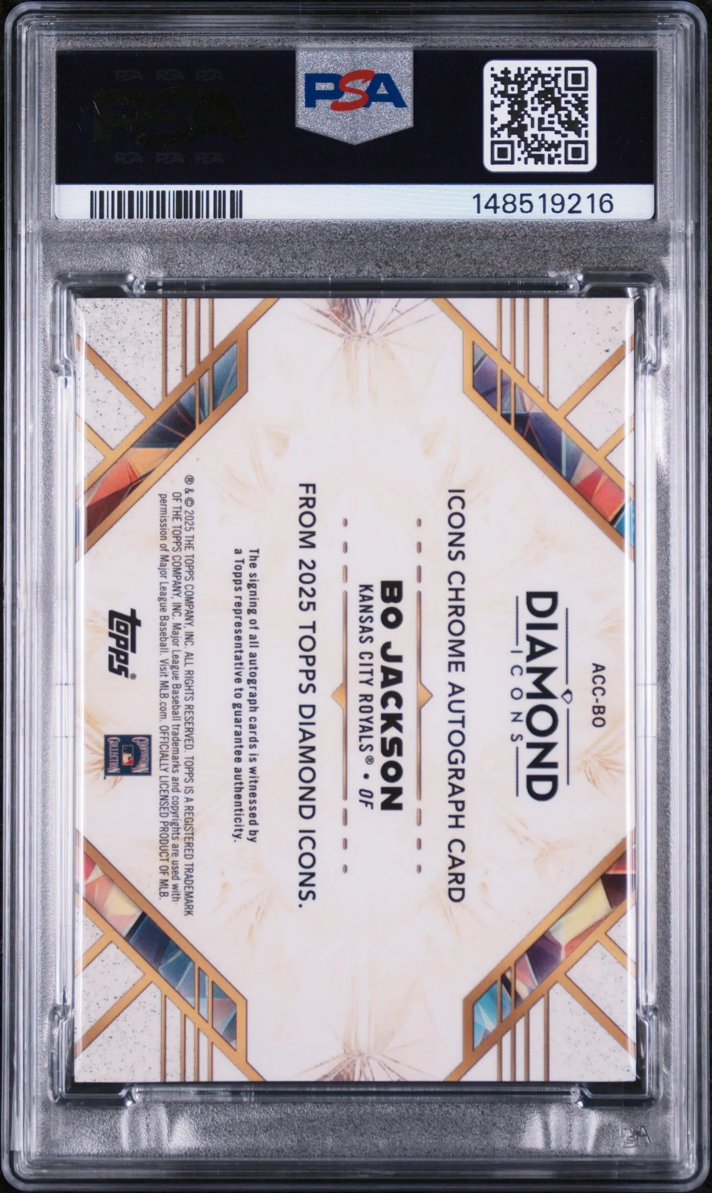 2025 Topps Diamond Icons Chrome Autographs Bo Jackson Auto Blue Ref /15 PSA 8 