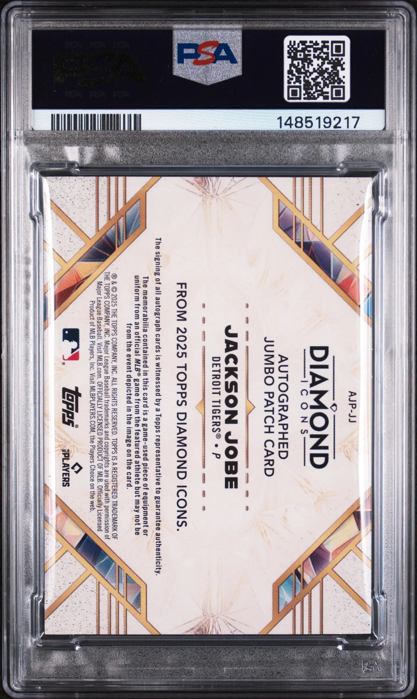 2025 Topps Diamond Icons Rookie Autographed Jumbo Patches Jackson Jobe /25 PSA 9 