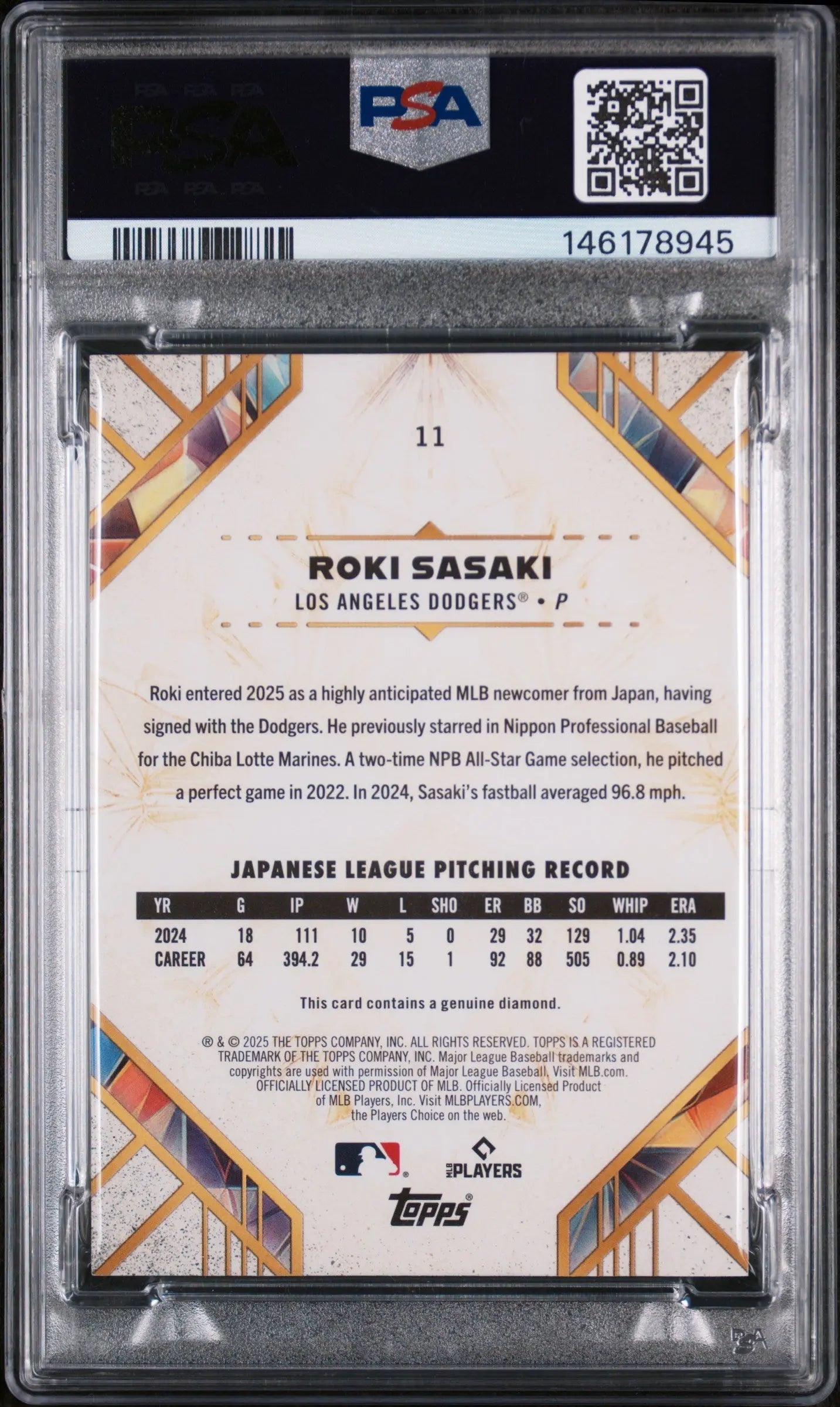 2025 Topps Diamond Icons Rookie Roki Sasaki /25 RC PSA 9 