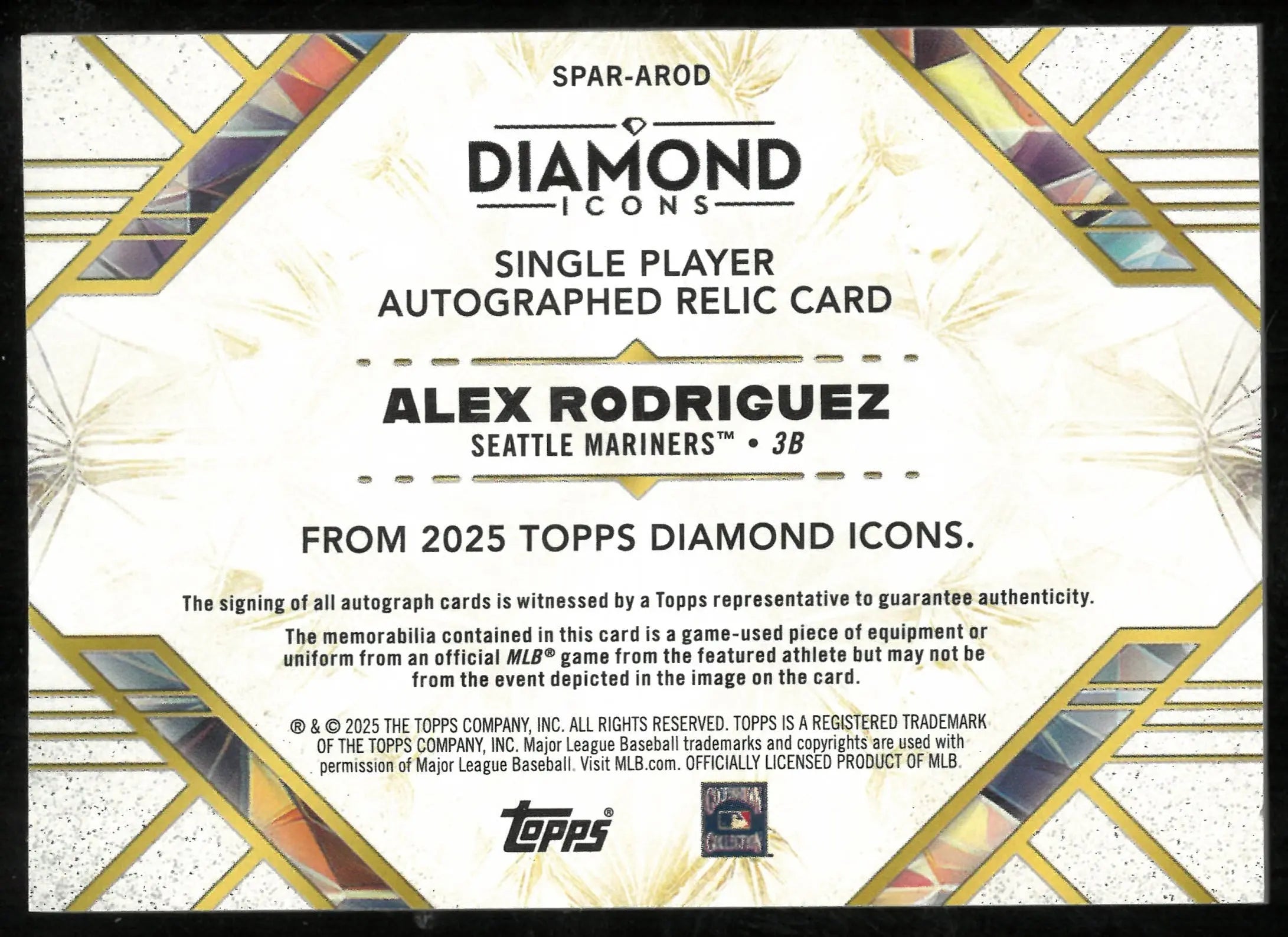 2025 Topps Diamond Icons Single Player Auto Relic Patch Alex Rodriguez /5 