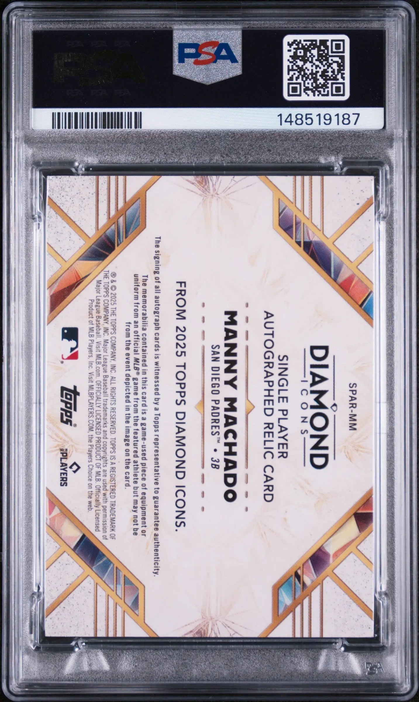 2025 Topps Diamond Icons Single Player Autographed Relic Manny Machado /25 PSA 9 