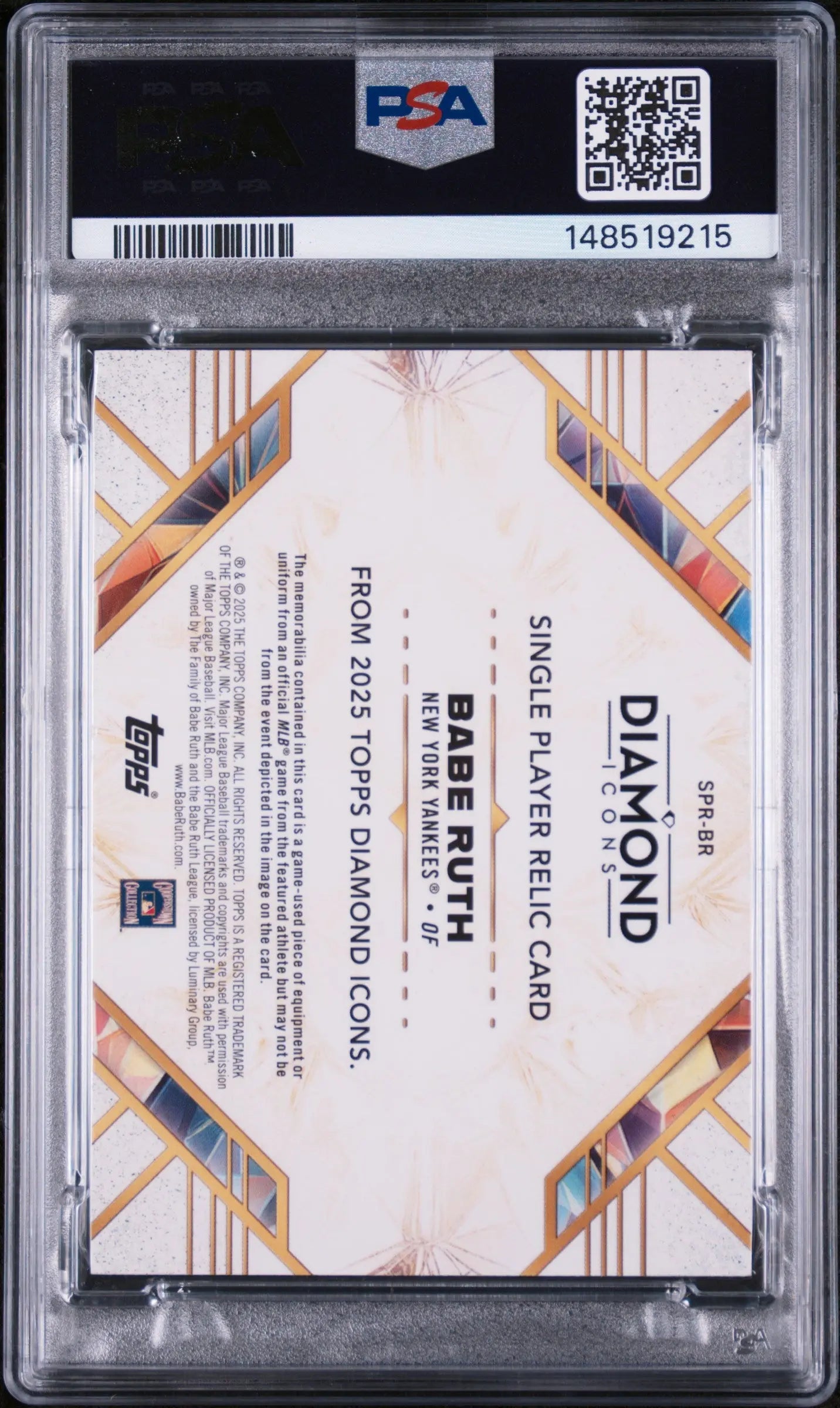 2025 Topps Diamond Icons Single Player Relics Babe Ruth Black /10 PSA 9 