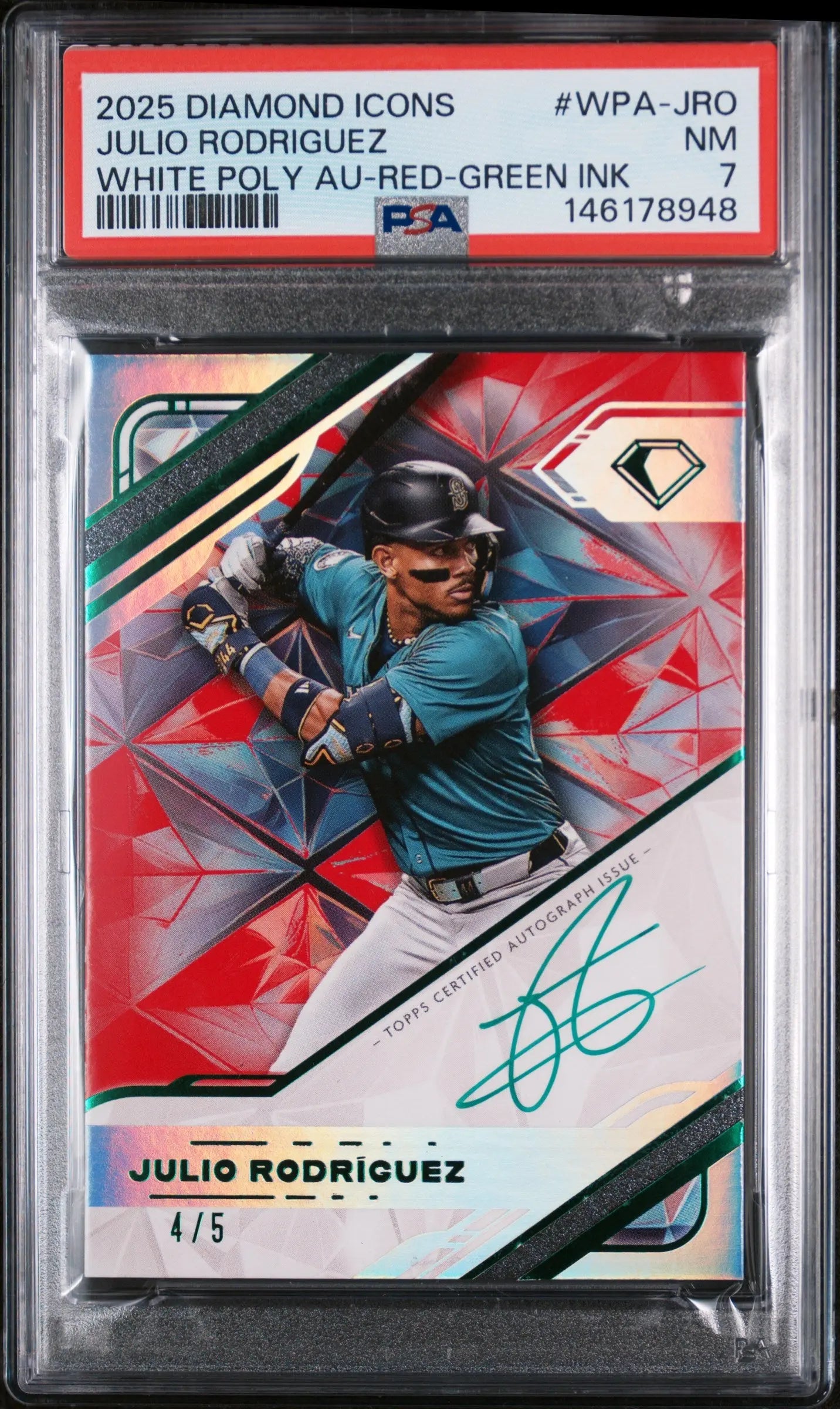 2025 Topps Diamond Icons White Polychromatink Auto Julio Rodriguez R/G /5 PSA 7 
