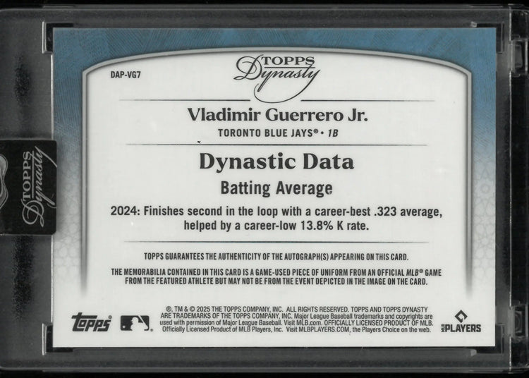 2025 Topps Dynasty Dynastic Data Patch Auto Vladimir Guerrero Jr /10 