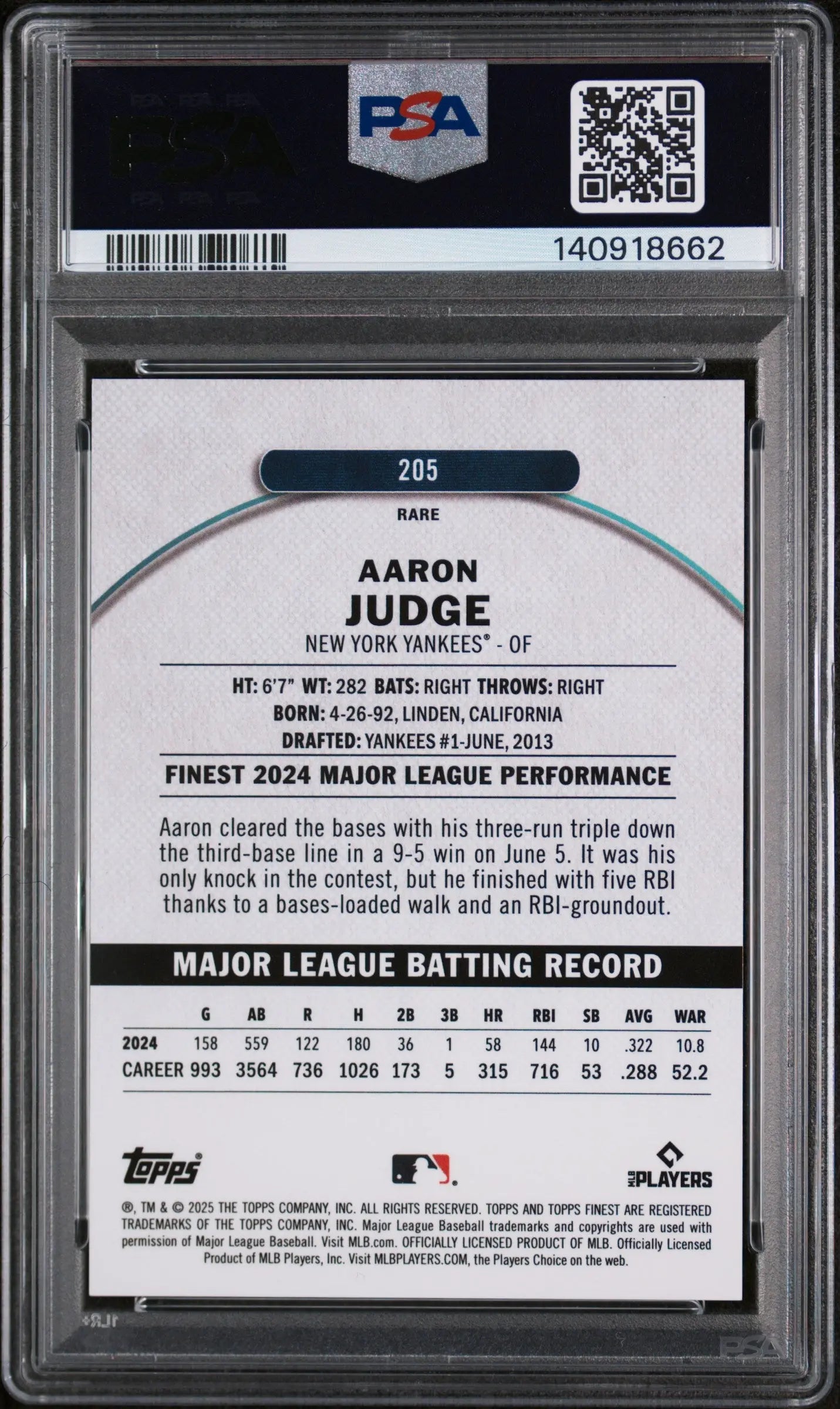 2025 Topps Finest Baseball Aaron Judge Gold Refractor /20 PSA 10 