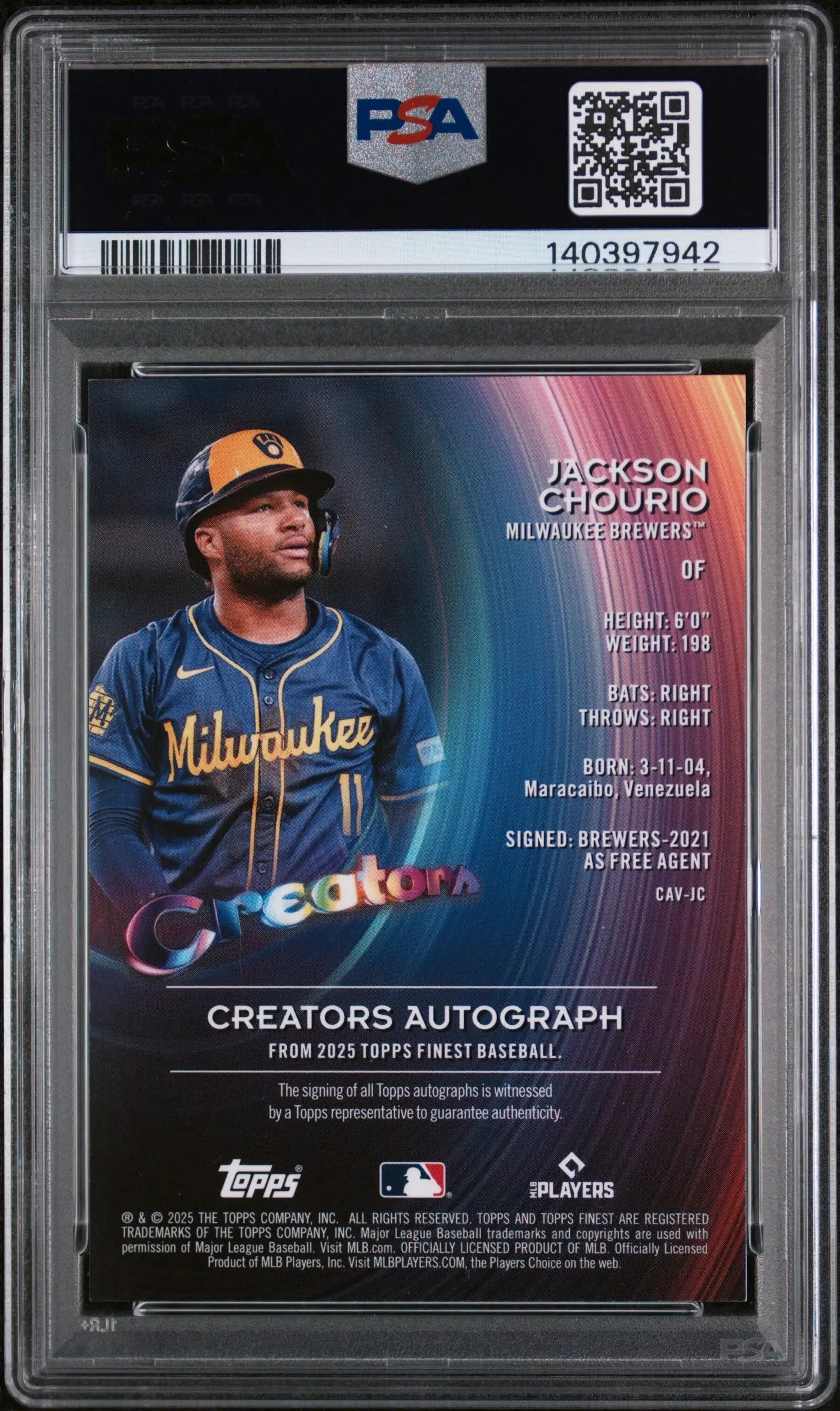 2025 Topps Finest Creators Auto Jackson Chourio Gold Refractor /50 PSA 10 
