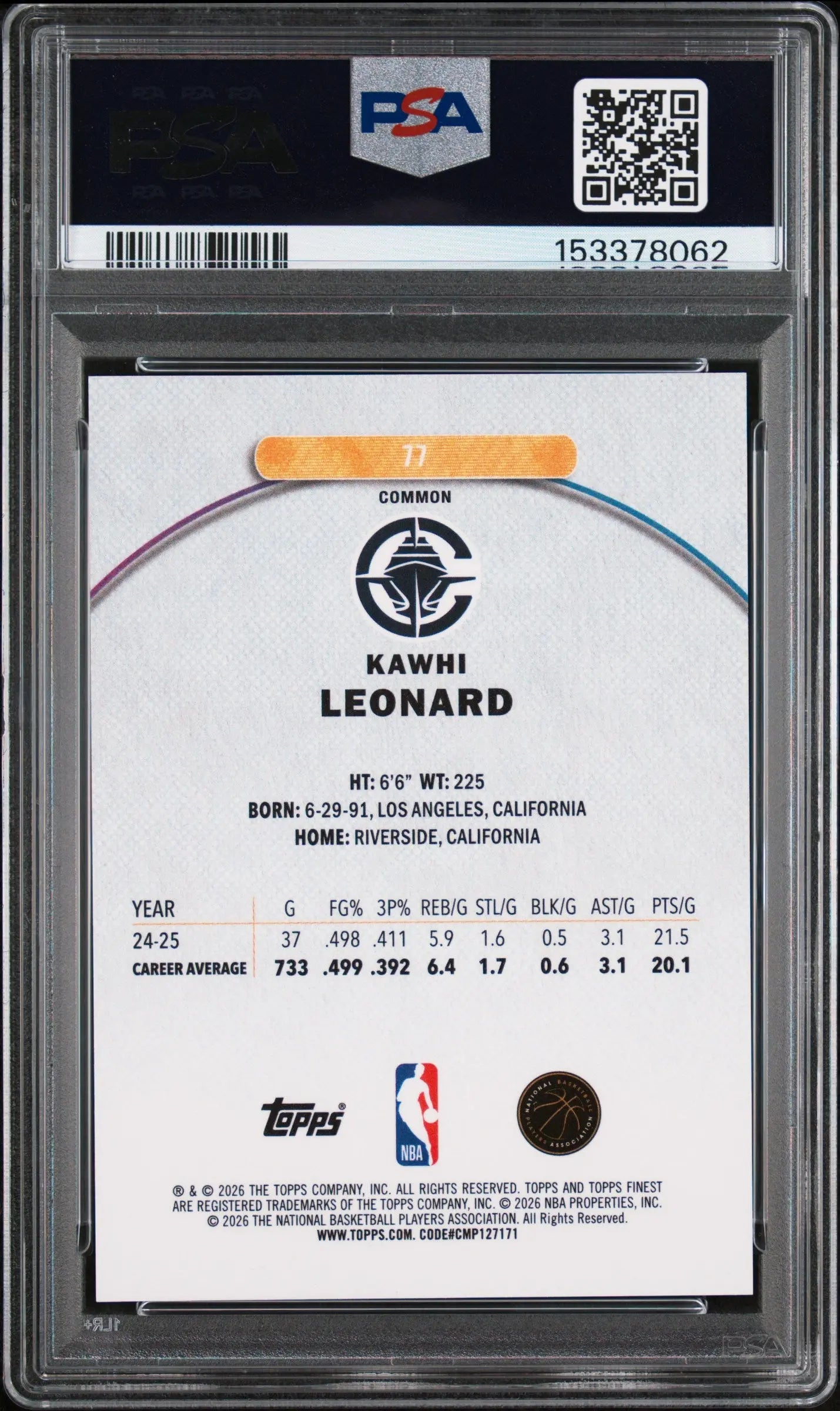 2025 Topps Finest Kawhi Leonard Gold Refractor /50 PSA 10 