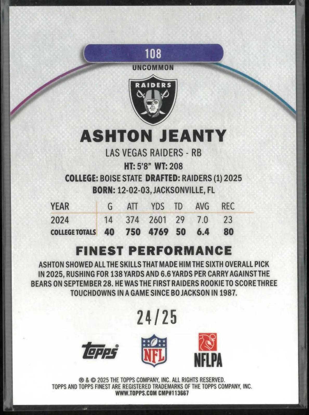 2025 Topps Finest Rookie Ashton Jeanty Gold /25 RC 
