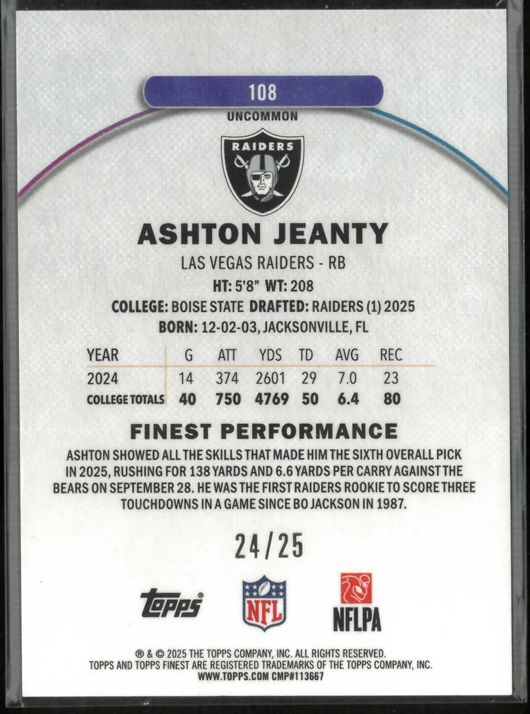 2025 Topps Finest Rookie Ashton Jeanty Gold /25 RC 