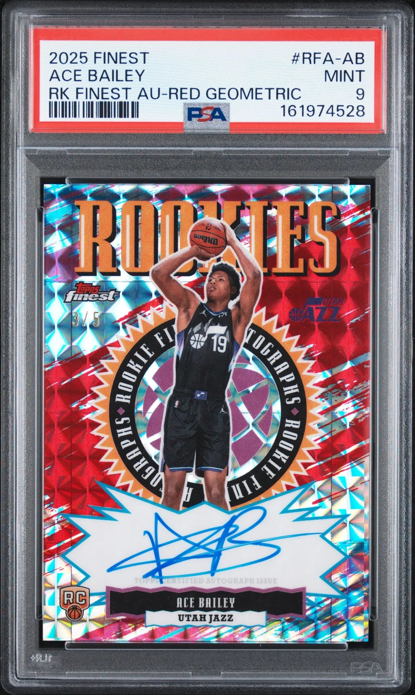 2025 Topps Finest Rookie Finest Auto Ace Bailey Red Geometric Rookie /5 PSA 9 