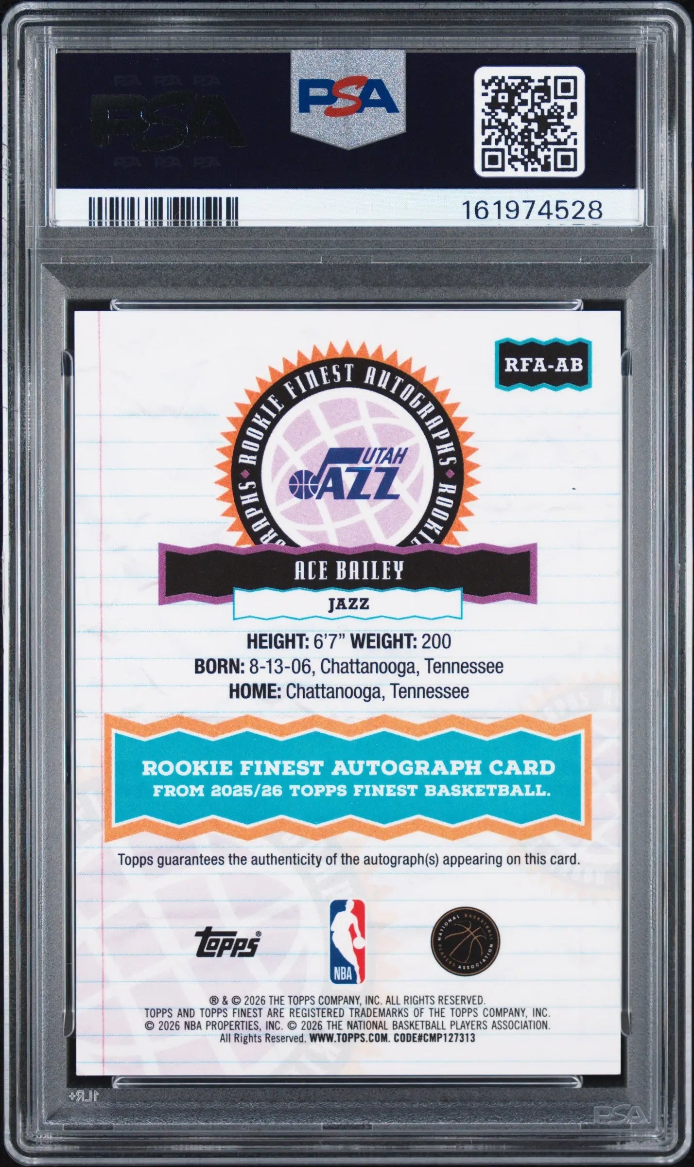2025 Topps Finest Rookie Finest Auto Ace Bailey Red Geometric Rookie /5 PSA 9 