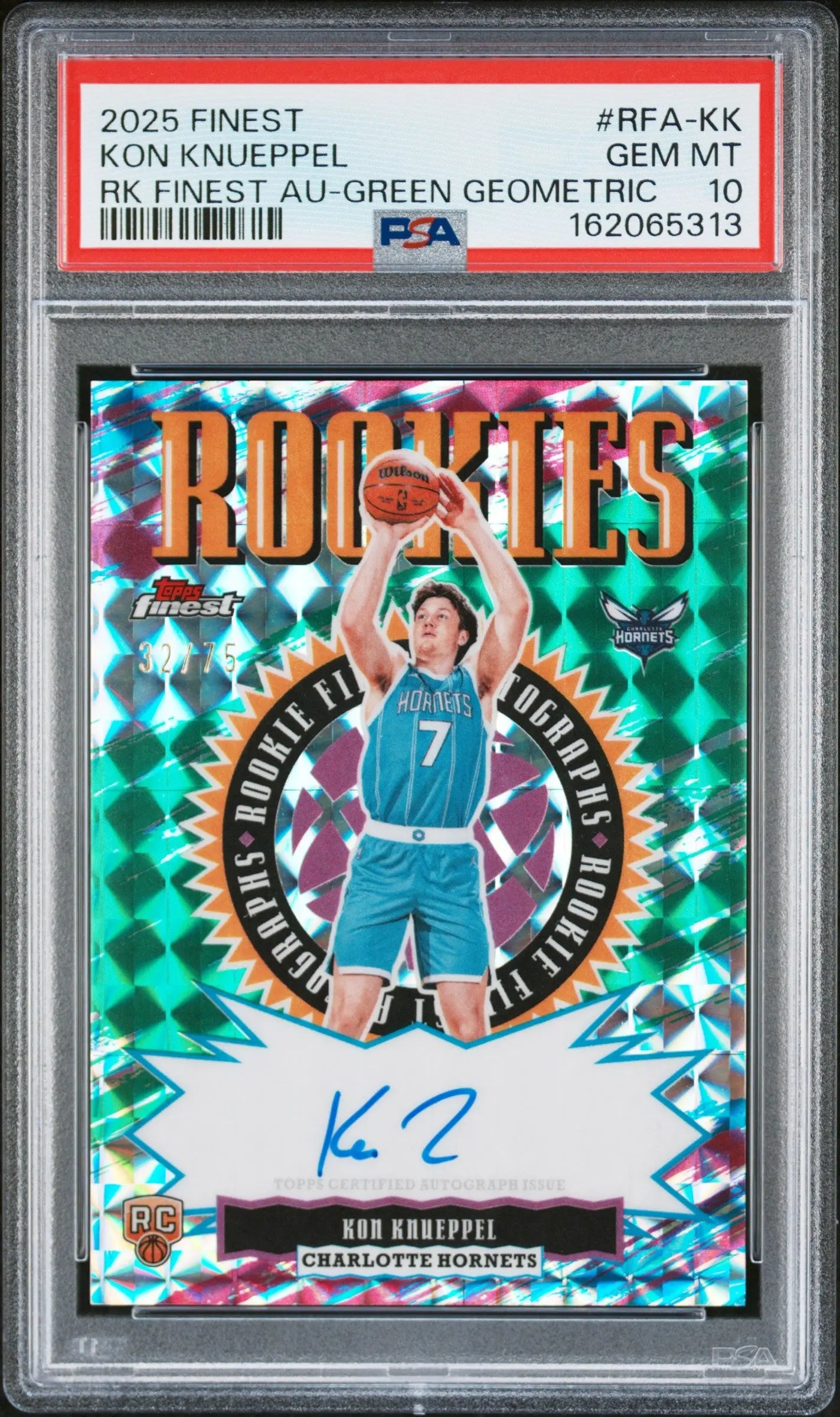2025 Topps Finest Rookie Finest Auto Kon Knueppel Green Geometric /75 PSA 10 