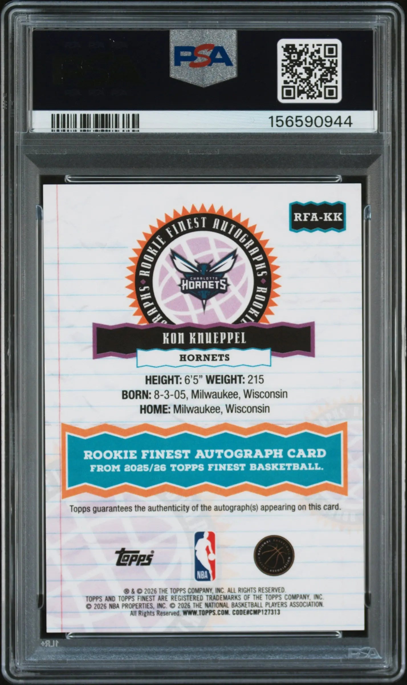 2025 Topps Finest Rookie Finest Autographs Kon Knueppel Auto PSA 7 