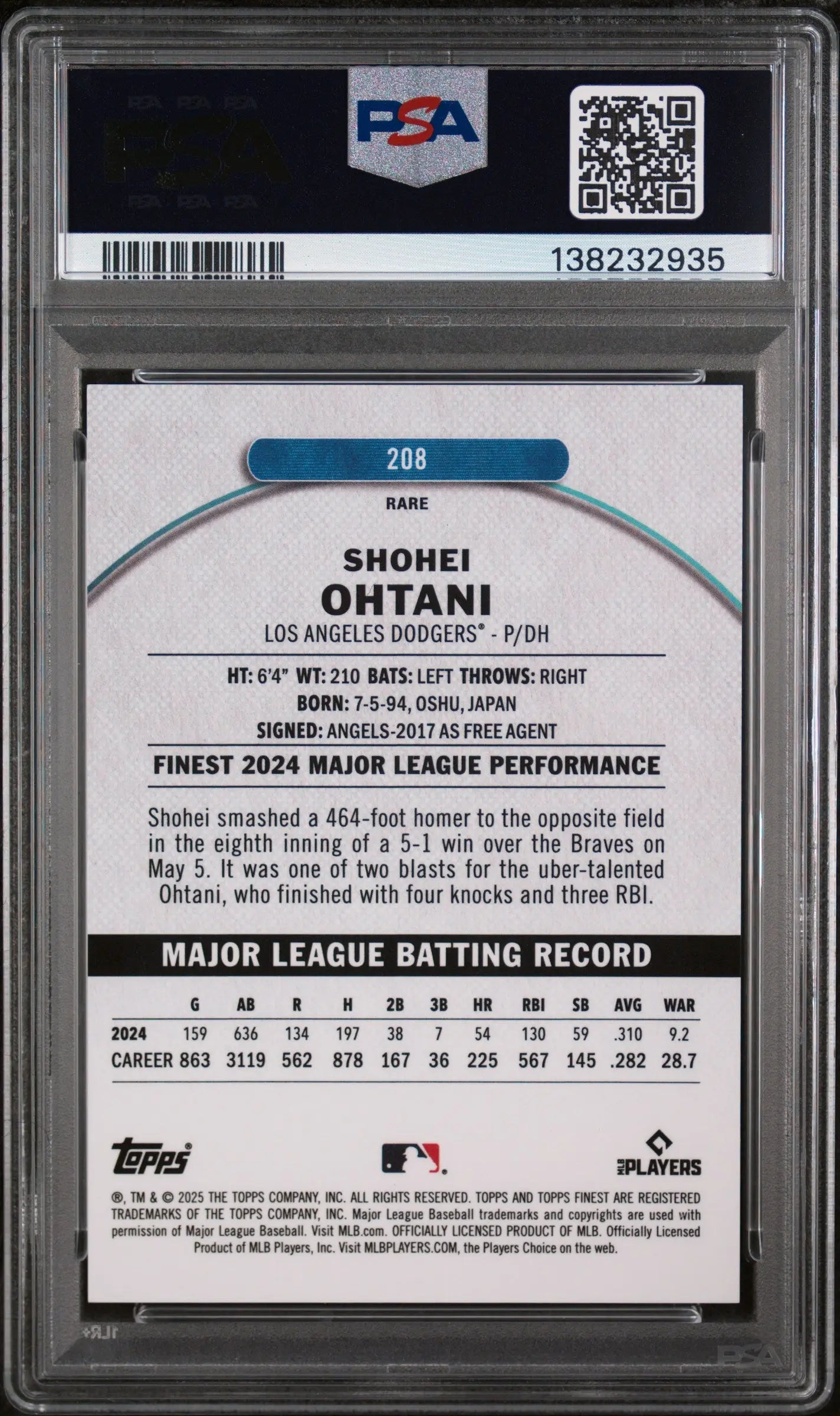 2025 Topps Finest Shohei Ohtani Blue Checkerboard /49 PSA 10 