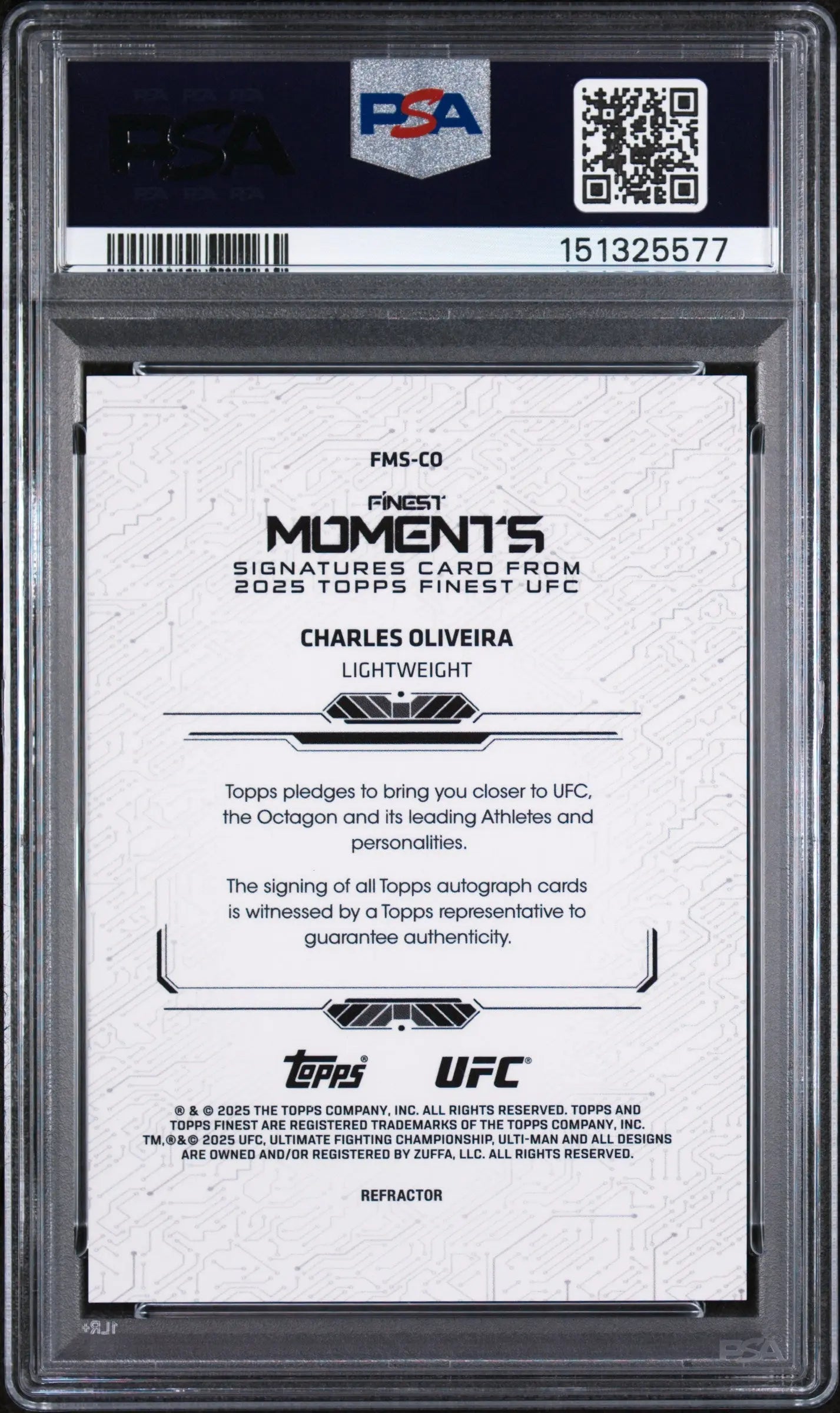 2025 Topps Finest UFC Moments Autograph Charles Oliveira Auto Refractor PSA 9 