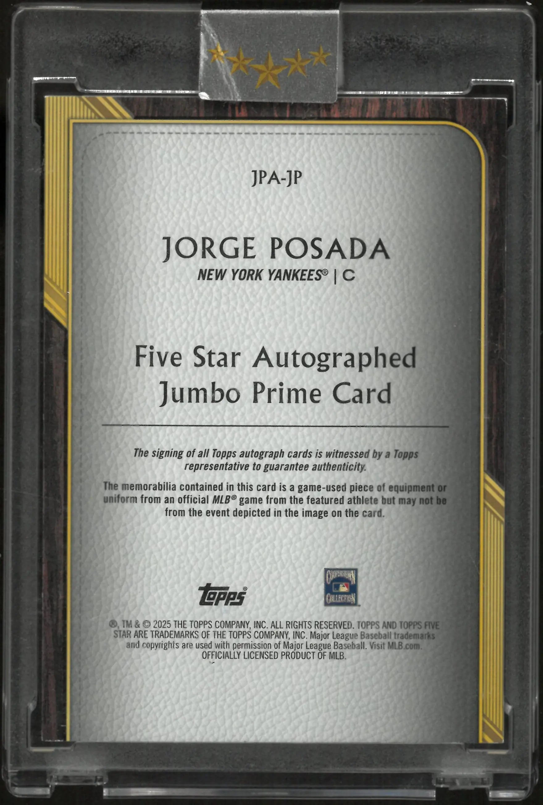 2025 Topps Five Star Autograph Jumbo Prime Jorge Posada Patch Auto /10 
