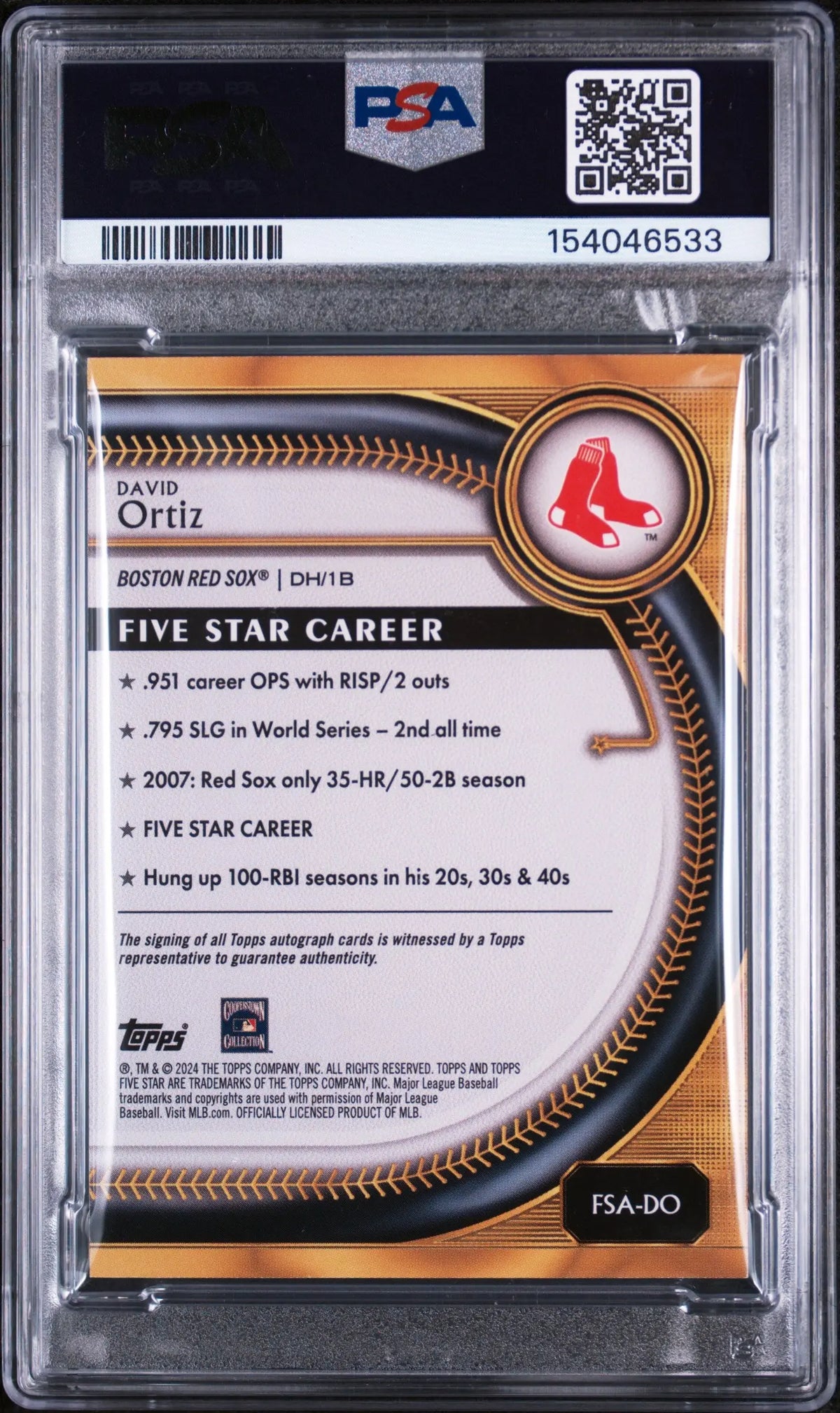 2025 Topps Five Star Autographs David Ortiz Auto /50 PSA 8 