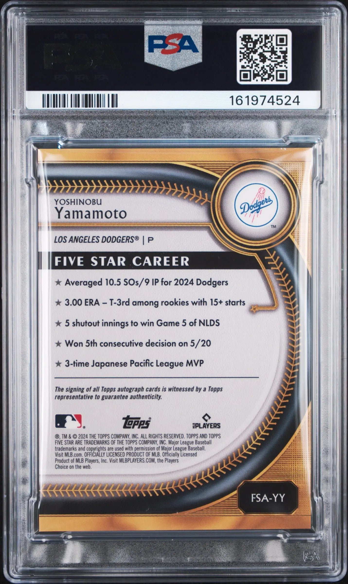 2025 Topps Five Star Autographs Yoshinobu Yamamoto Auto Orange /5 PSA 8 