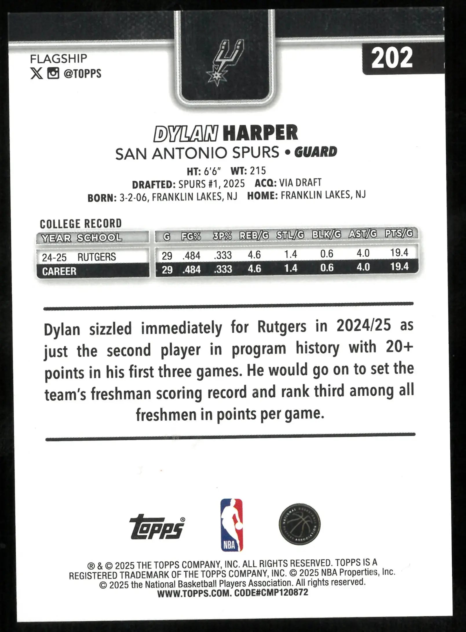 2025 Topps Flagship Basketball Orange Diamante Rookie Dylan Harper RC /25 