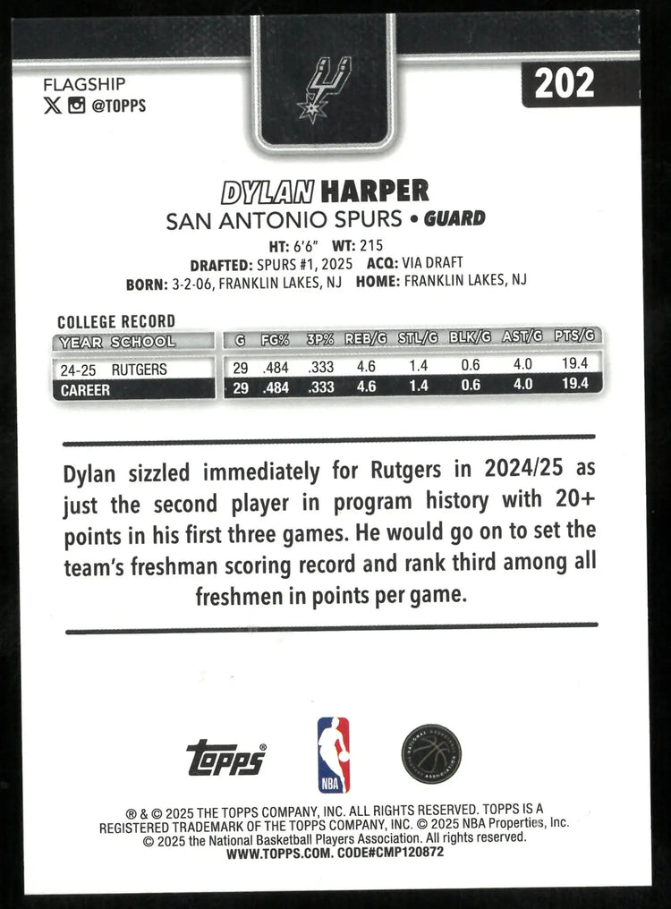 2025 Topps Flagship Basketball Orange Diamante Rookie Dylan Harper RC /25 