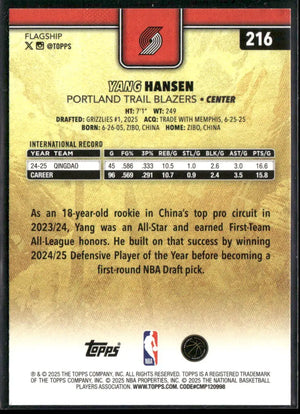 2025 Topps Flagship Basketball Rookie SP Yang Hansen 